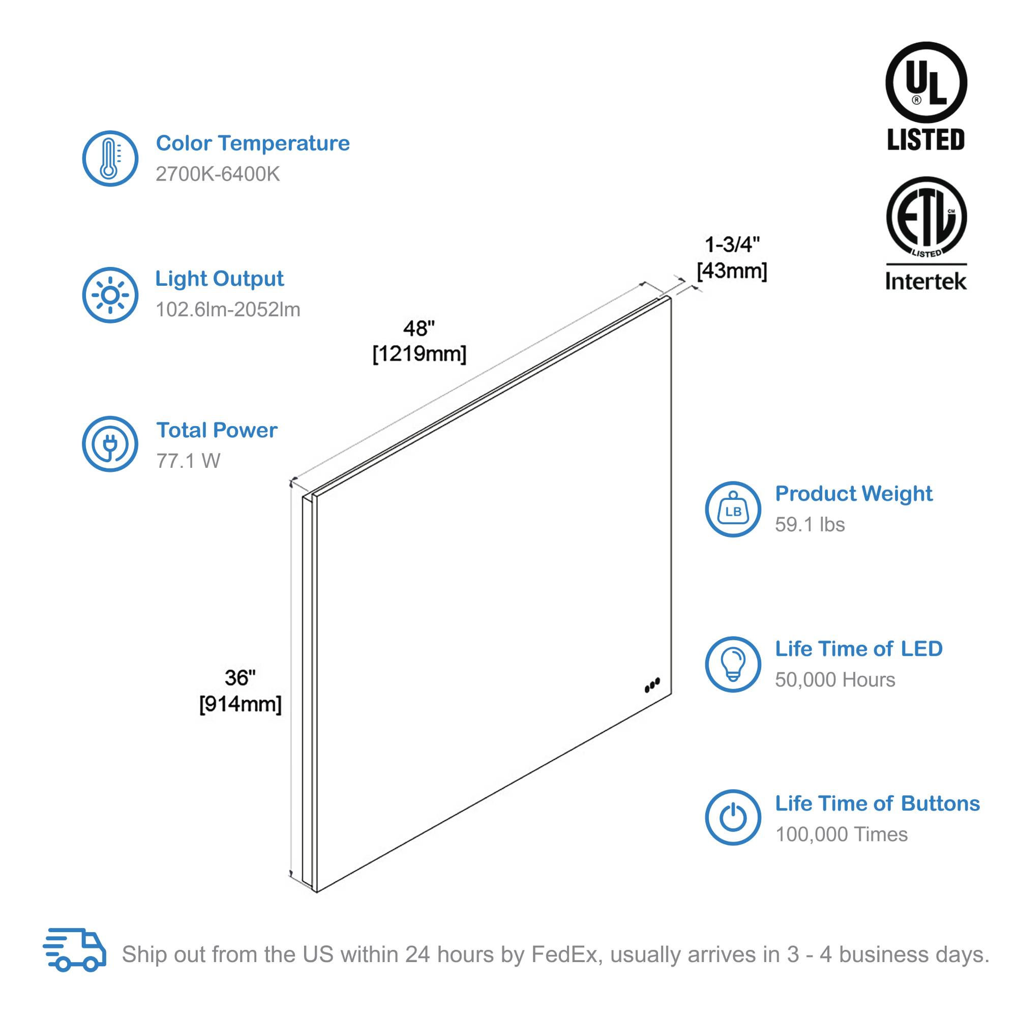 Beta 48″ by 36″ LED Mirror with Frosted Sides Vanity Plus