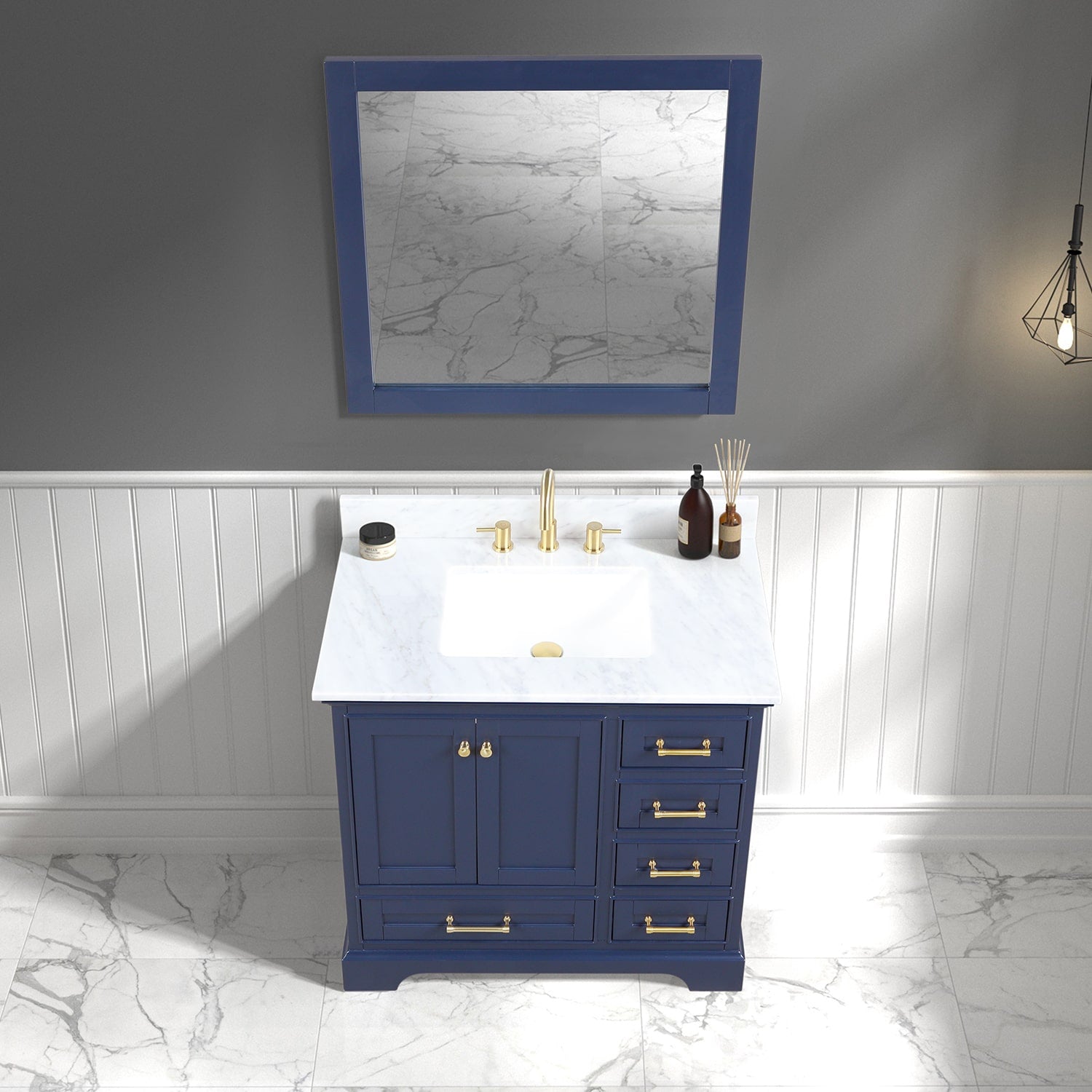 Copenhagen 36″ Bathroom Vanity with Marble Countertop and Ceramic Sink - Contemporary Bathroom Vanity