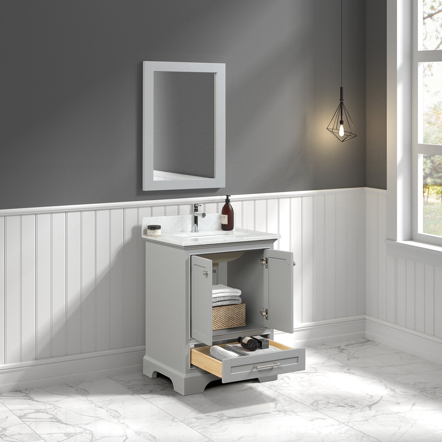Copenhagen 24″ Vanity with Marble Countertop and Ceramic Sink - Contemporary Bathroom Vanity