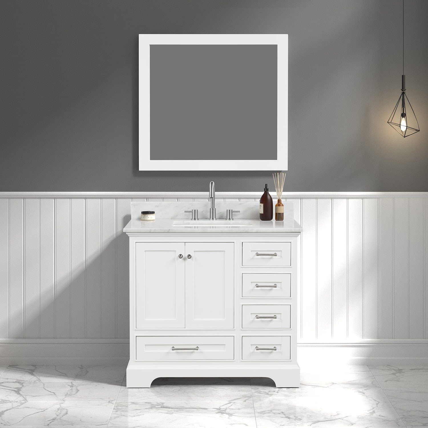 Copenhagen 36″ Bathroom Vanity with Marble Countertop and Ceramic Sink - Contemporary Bathroom Vanity