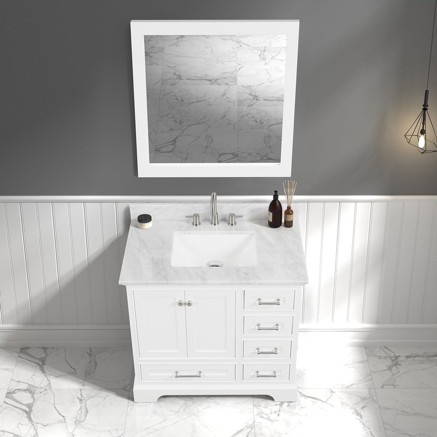 Copenhagen 36″ Bathroom Vanity with Marble Countertop and Ceramic Sink - Contemporary Bathroom Vanity