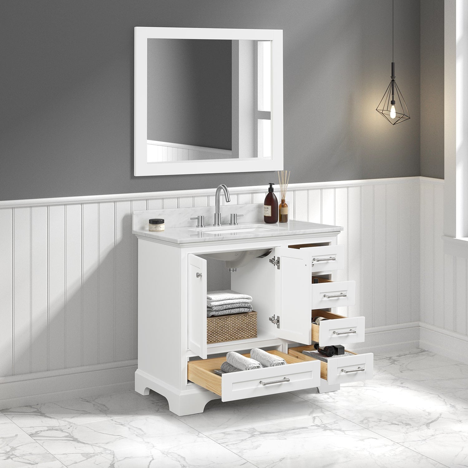 Copenhagen 36″ Bathroom Vanity with Marble Countertop and Ceramic Sink - Contemporary Bathroom Vanity