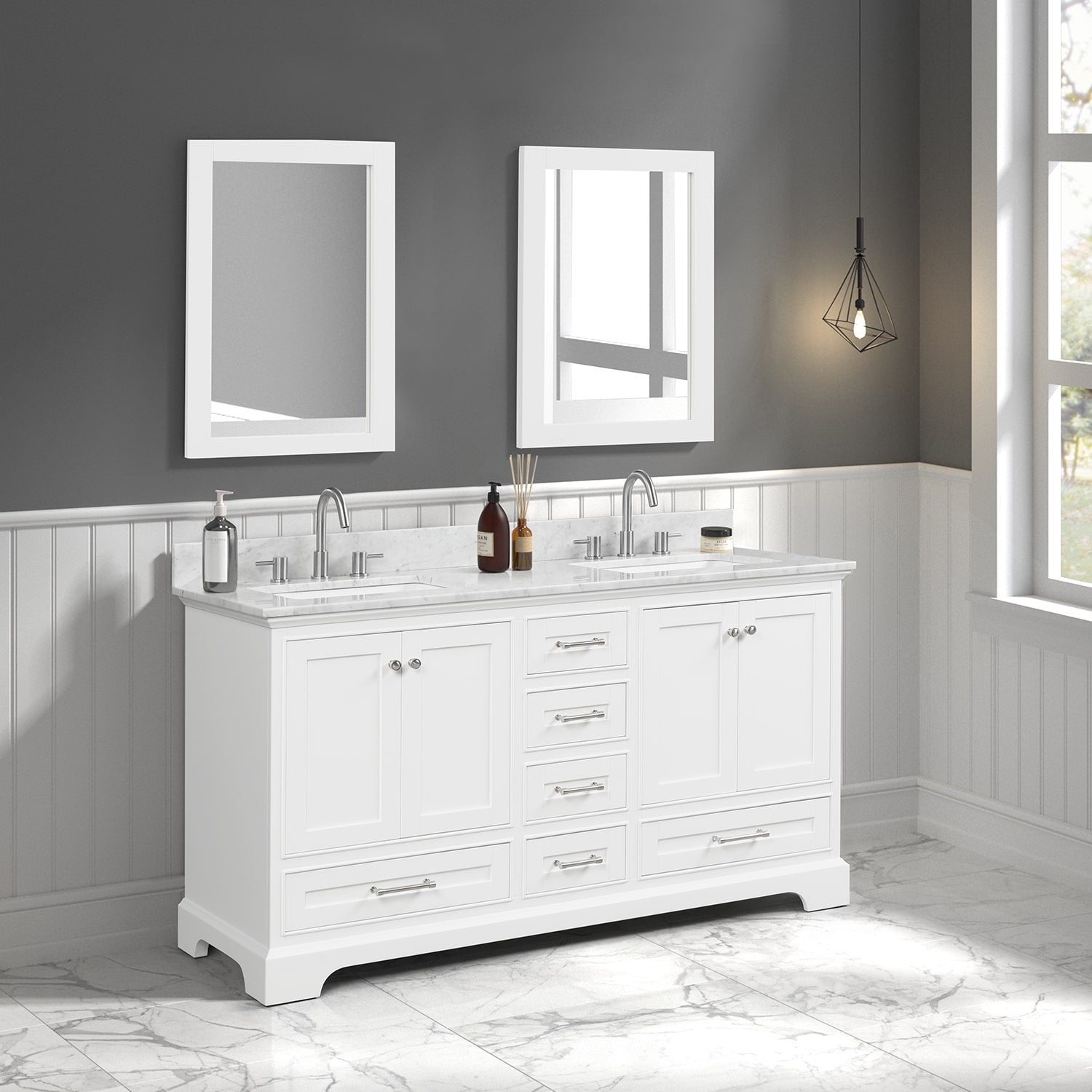 Copenhagen 60″ Bathroom Vanity with Marble Countertop - Contemporary Bathroom Vanity