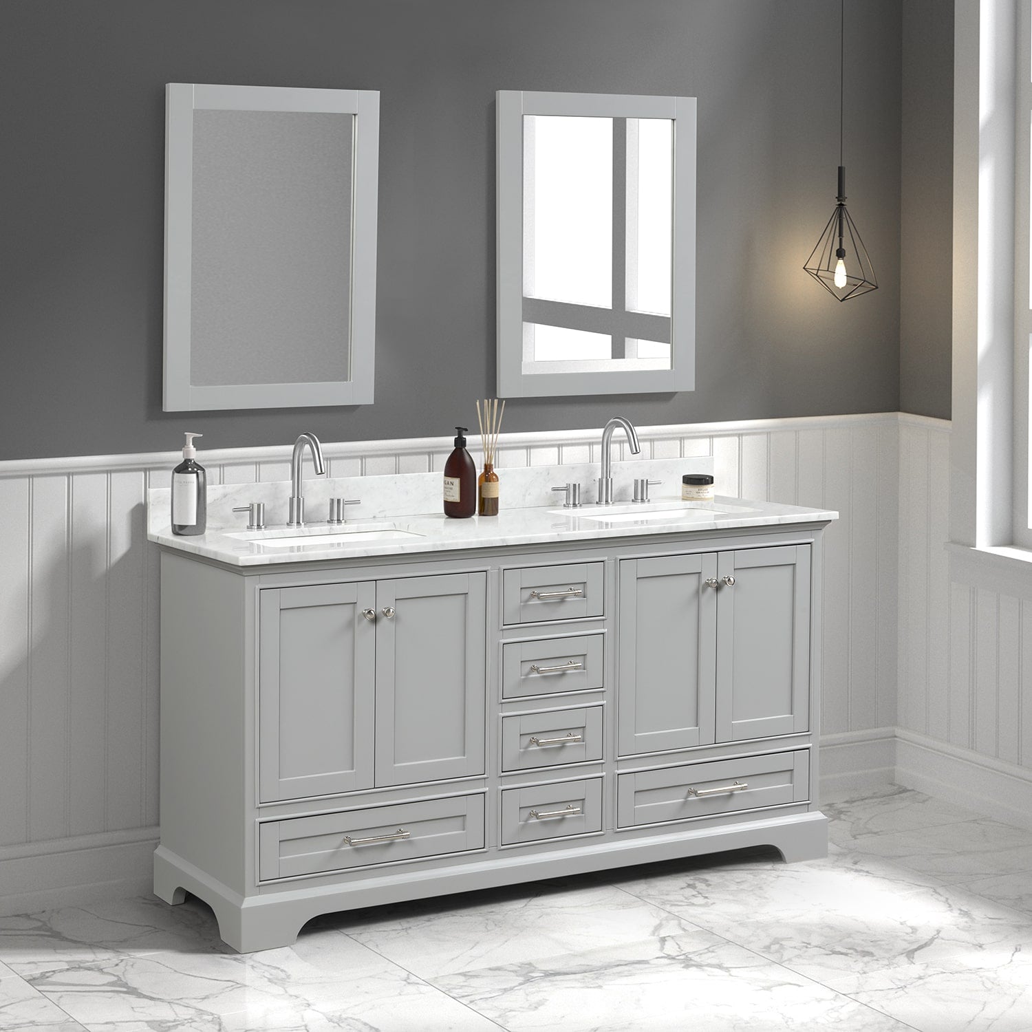Copenhagen 60″ Bathroom Vanity with Marble Countertop Double Sink - Contemporary Bathroom Vanity