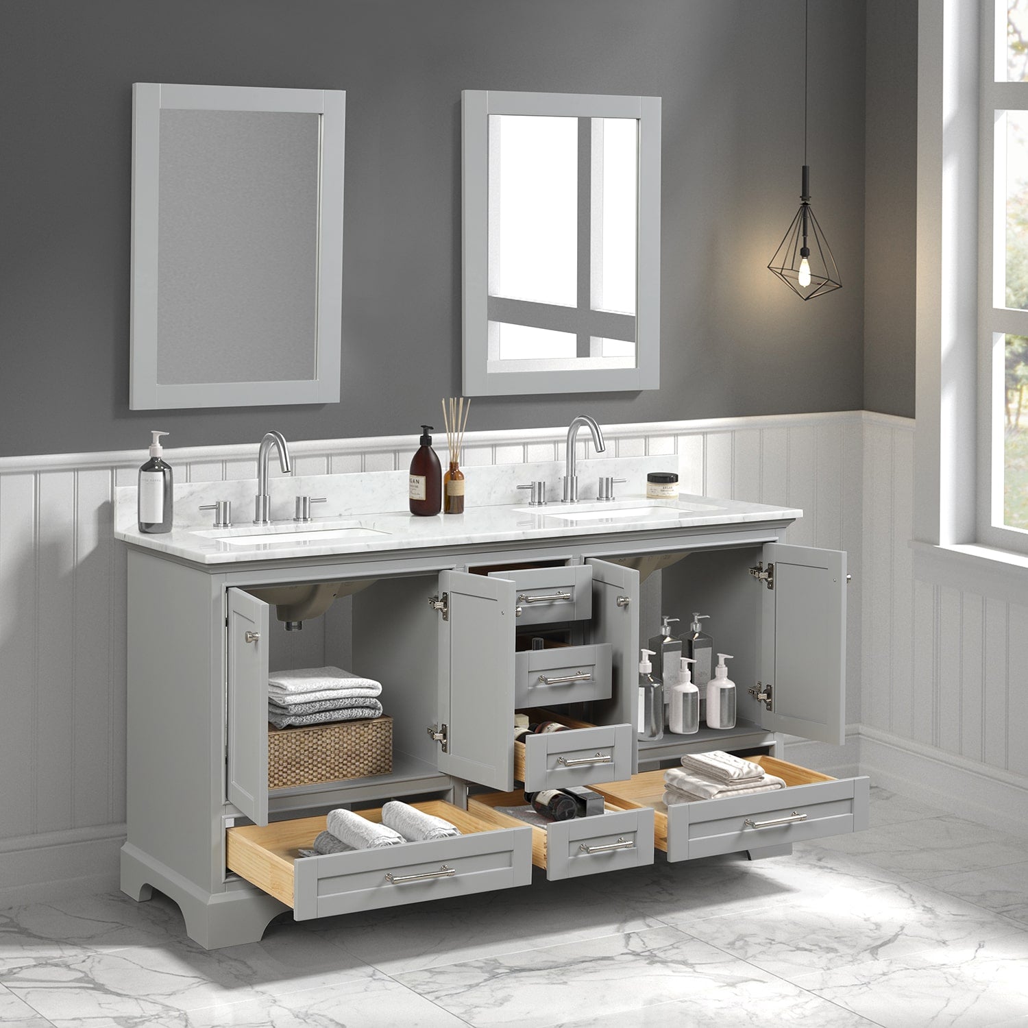 Copenhagen 60″ Bathroom Vanity with Marble Countertop Double Sink - Contemporary Bathroom Vanity