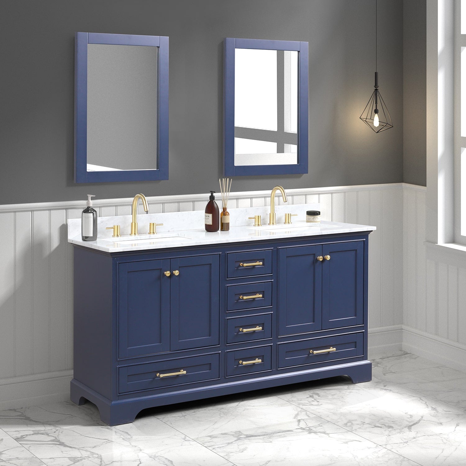 Copenhagen 60″ Bathroom Vanity with Double Sink Marble Countertop - Contemporary Bathroom Vanity