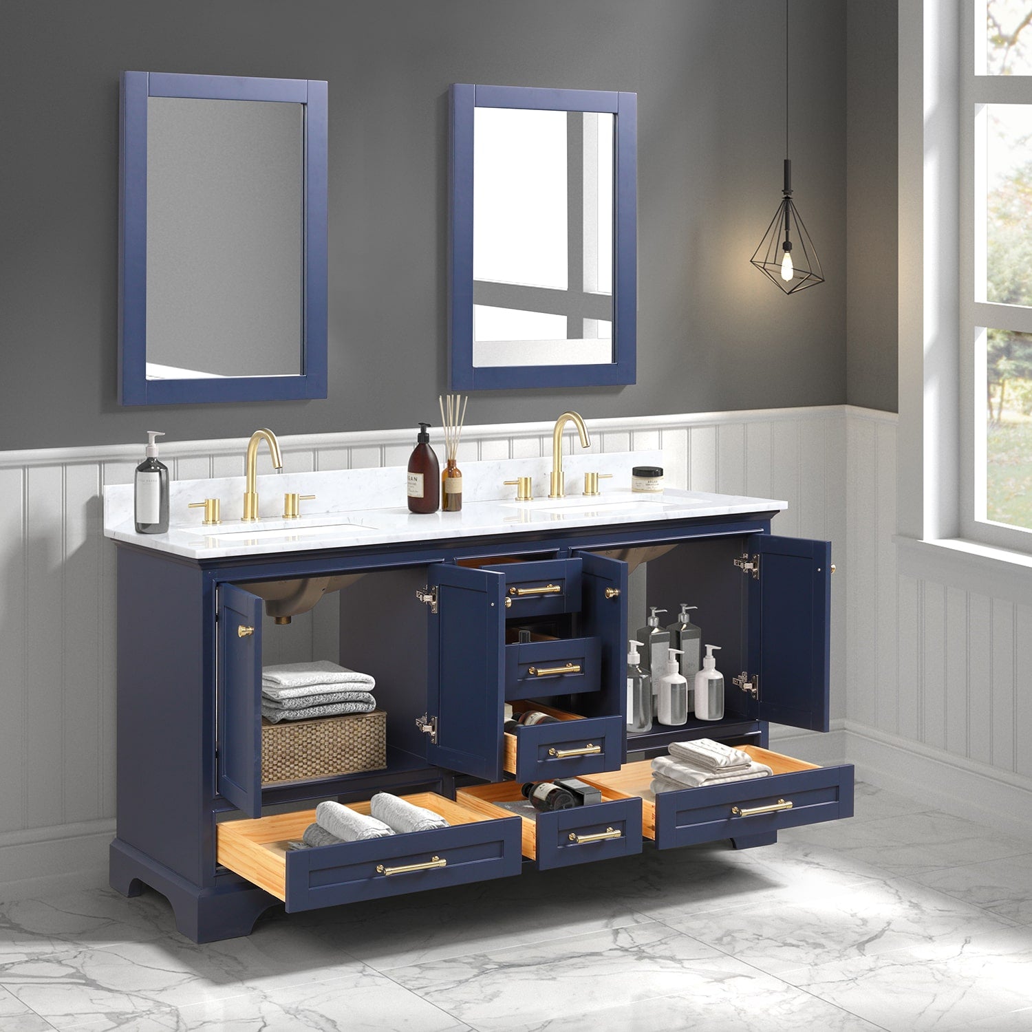 Copenhagen 60″ Bathroom Vanity with Double Sink Marble Countertop - Contemporary Bathroom Vanity