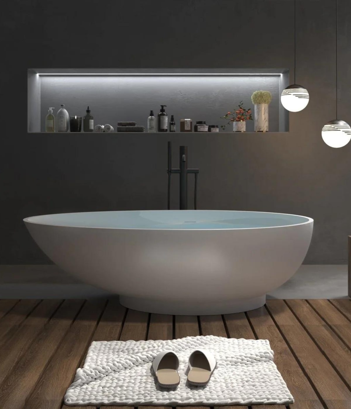 Luxury high end bathroom vanity with an elegant, contemporary styling, porcelain bathtub