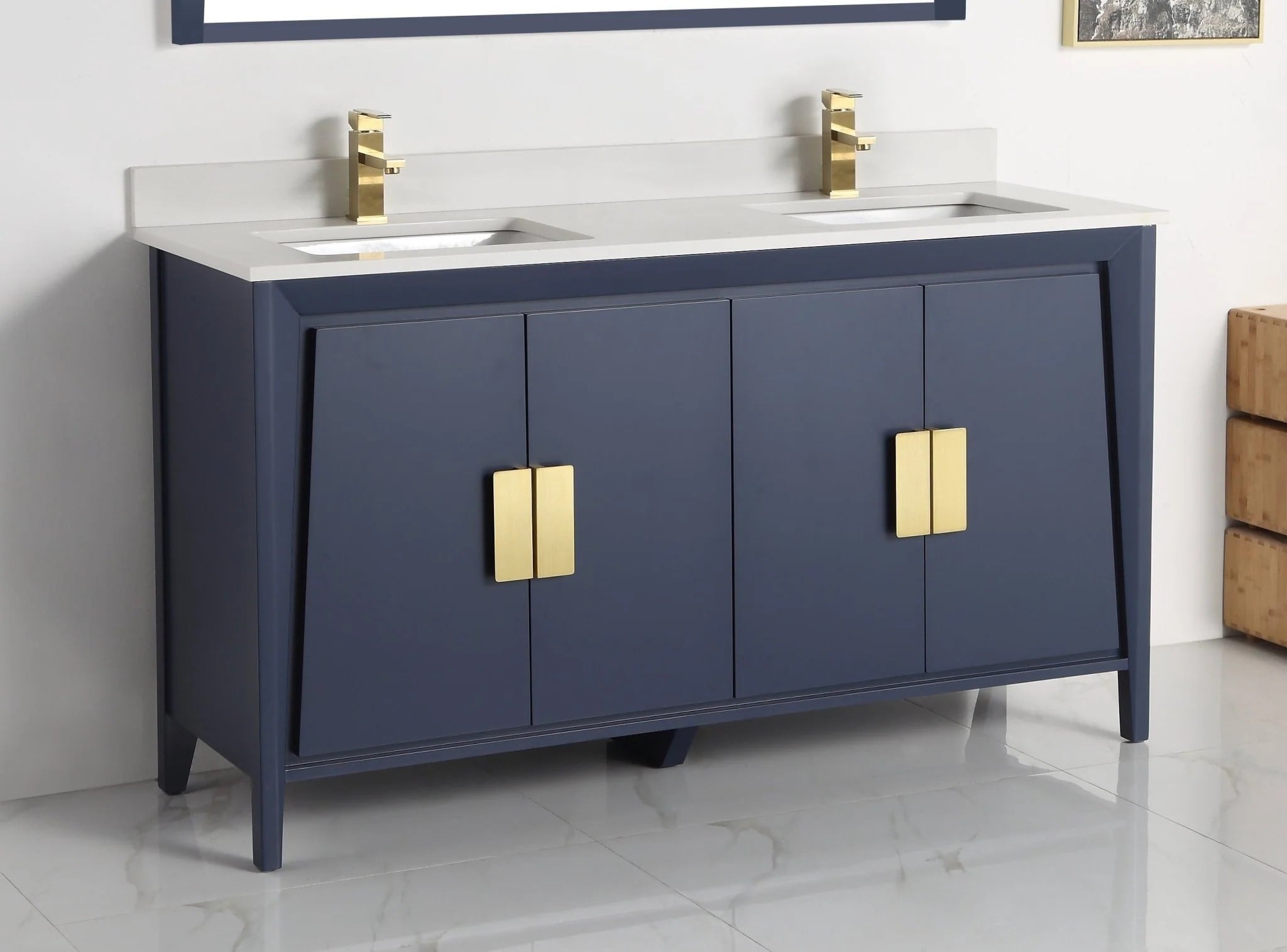 60" Navy Larvotto Double Vanity with White Quartz Top - Modern Bathroom Vanity