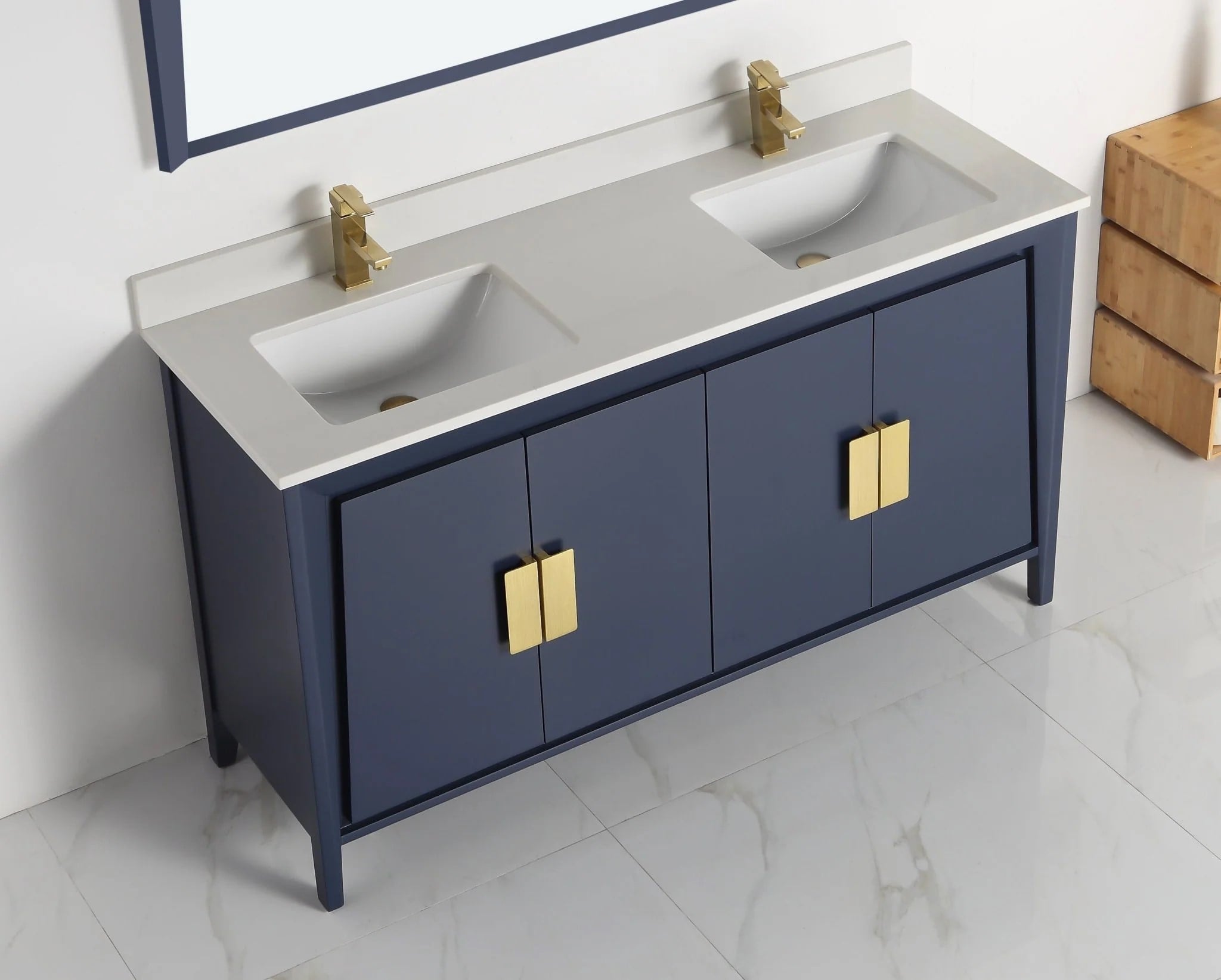 60" Larvotto Double Vanity Navy with White Quartz Top - Modern Bathroom Vanity