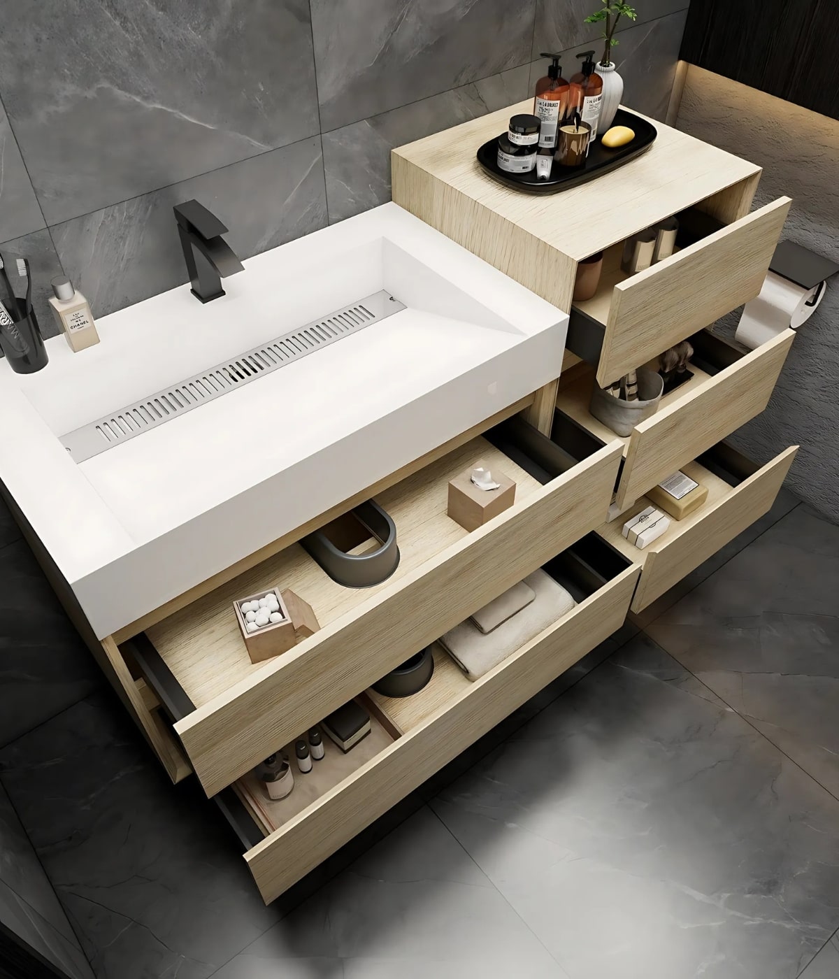 Angled view of the 48 inch MAX Wall Mounted Luxury Bathroom Vanity