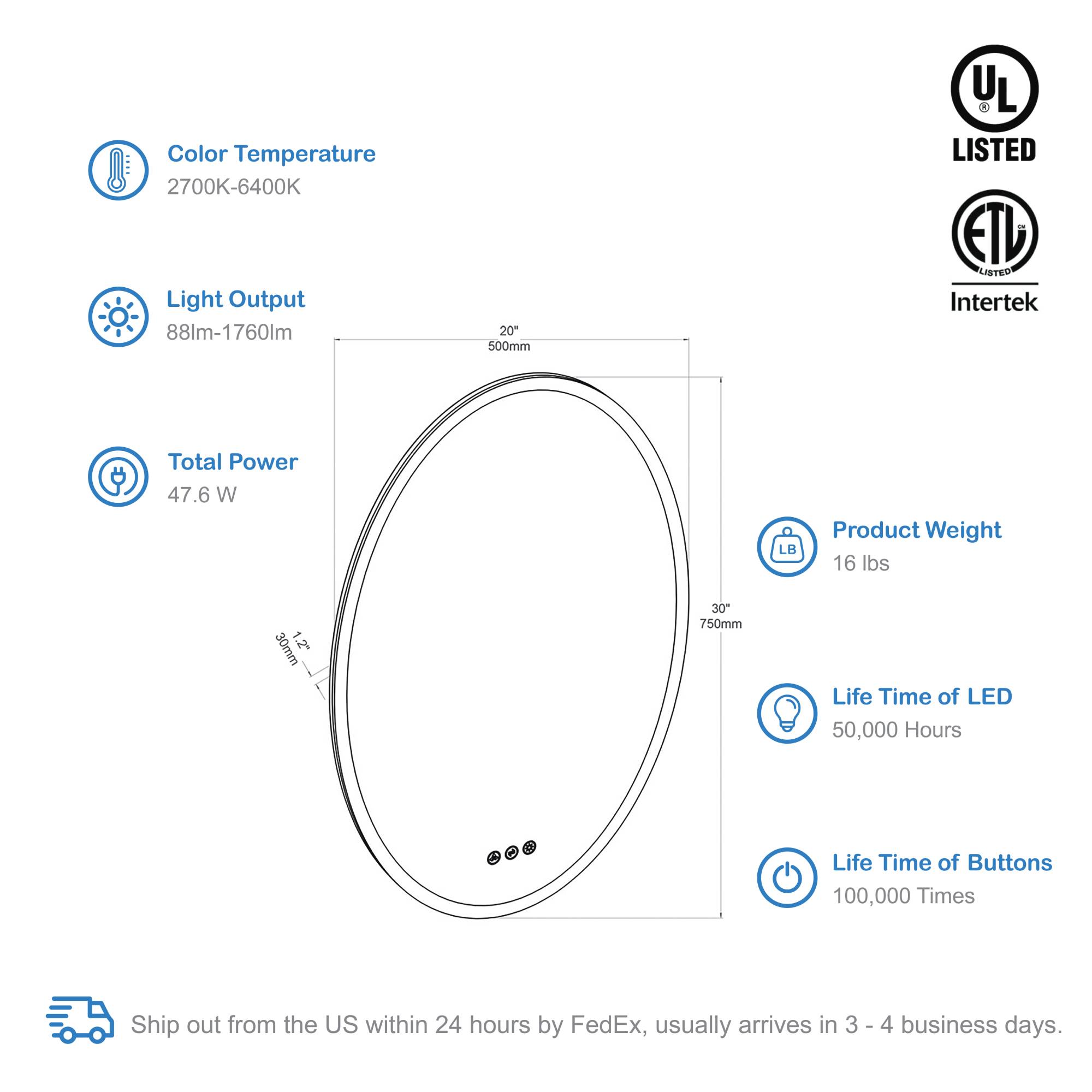 Oval 20" Oval Bathroom LED Mirror