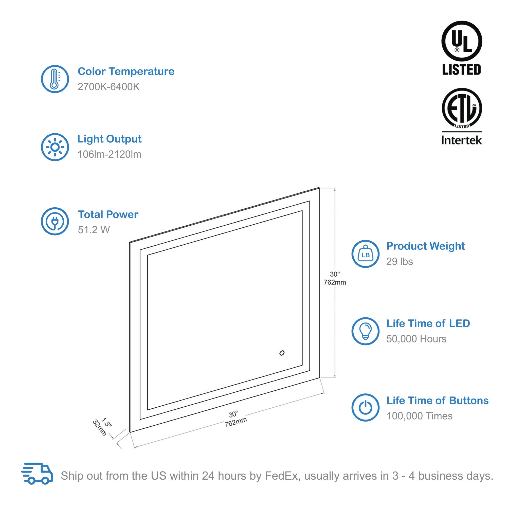 Lyra 30" by 30" LED Mirror