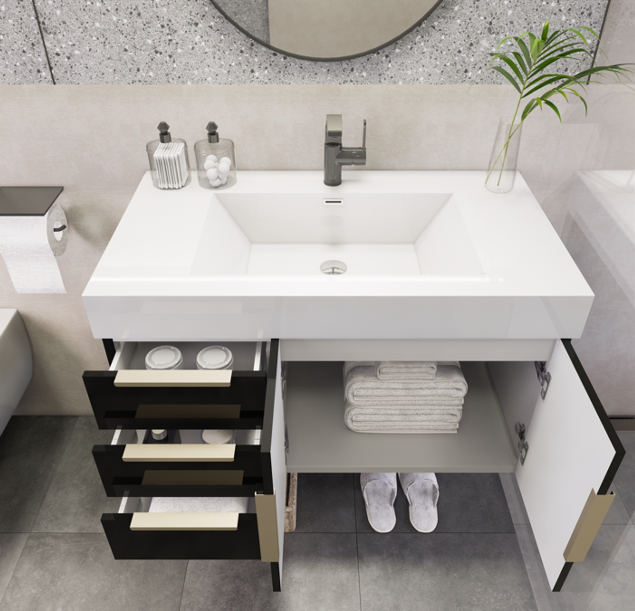 Noble 36" Wall-Mount Luxury Bathroom Vanity with Reinforced Acrylic Sink (Left Drawer)