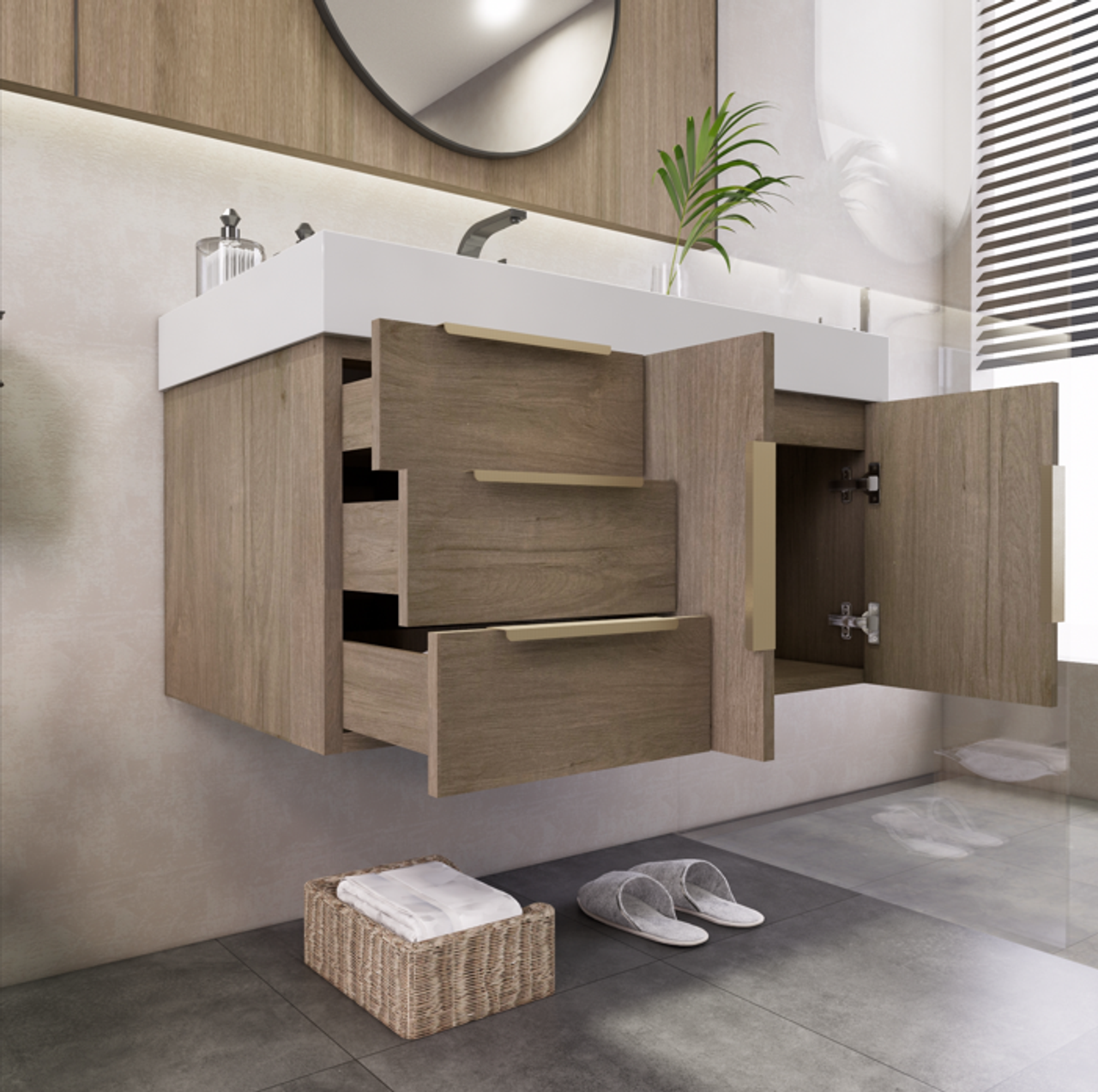 Noble 36" Wall-Mount Luxury Bathroom Vanity with Reinforced Acrylic Sink (Left Drawer)