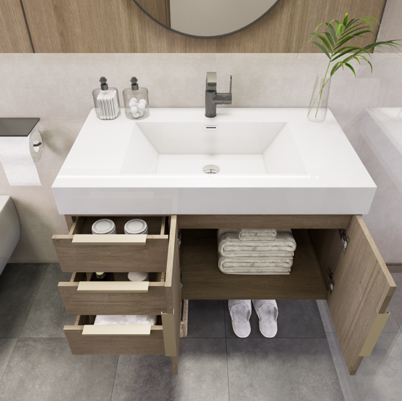 Noble 36" Wall-Mount Luxury Bathroom Vanity with Reinforced Acrylic Sink (Left Drawer)