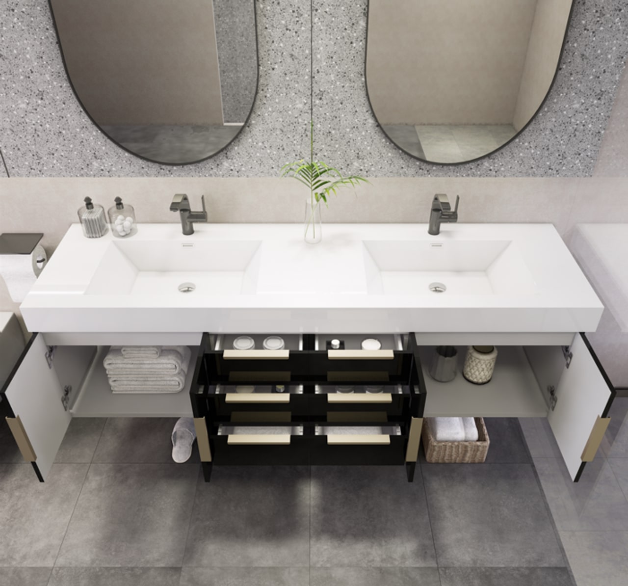 Noble 72" Wall-Mount Vanity with Reinforced Acrylic Double Sink (6 Drawers)