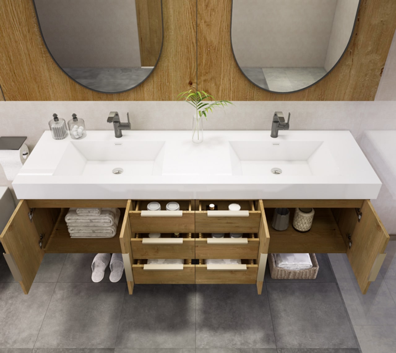 Noble 72" Wall-Mount Vanity with Reinforced Acrylic Double Sink (6 Drawers)