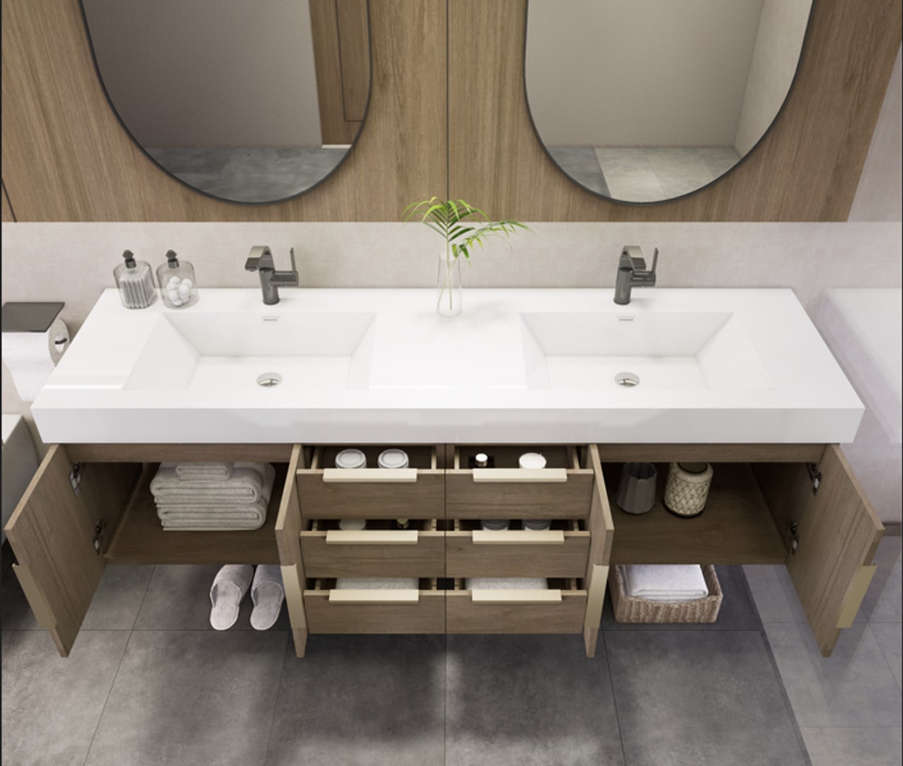 Noble 72" Wall-Mount Vanity with Reinforced Acrylic Double Sink (6 Drawers)