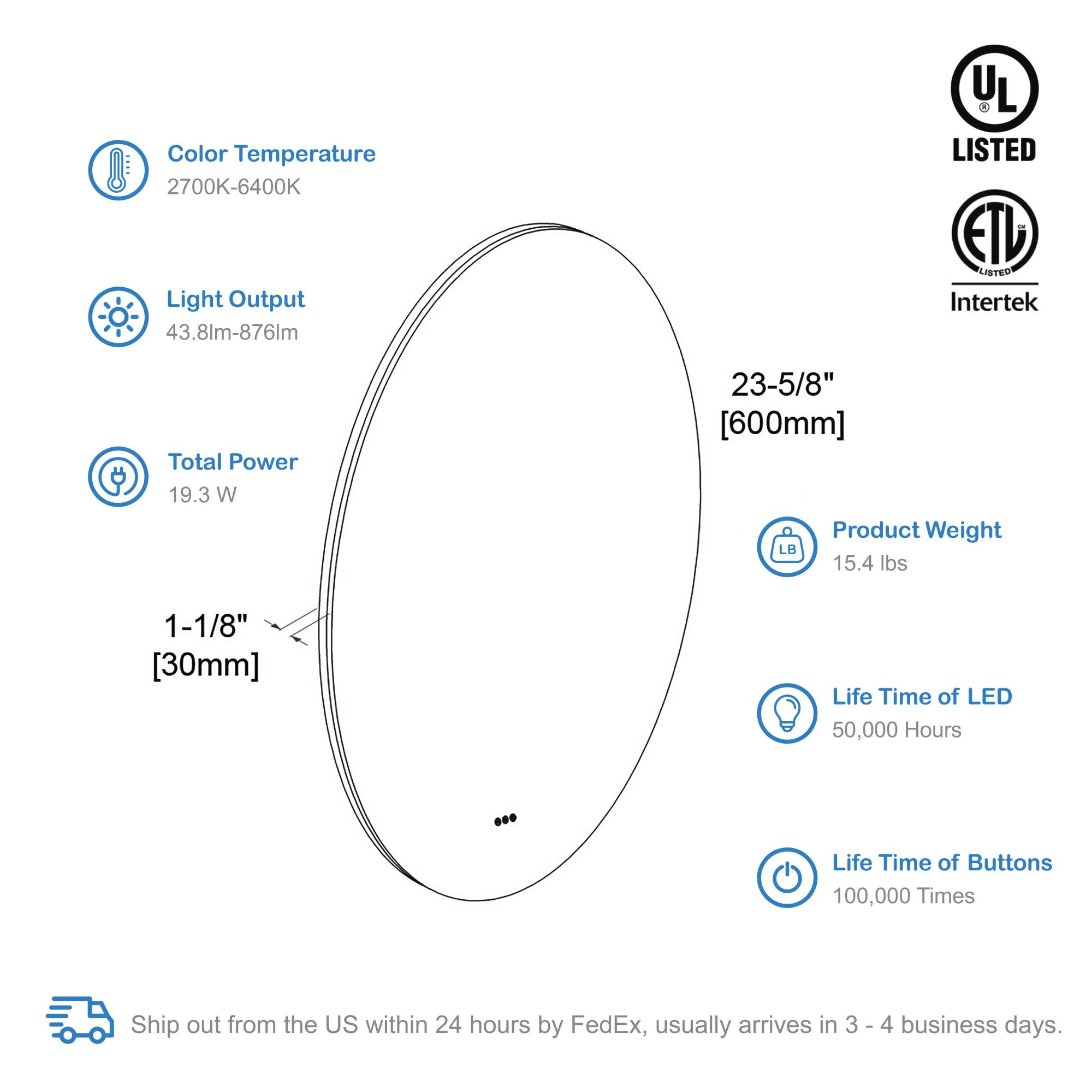 Orion 24″ Round LED Mirror with Frosted Side Vanity Plus