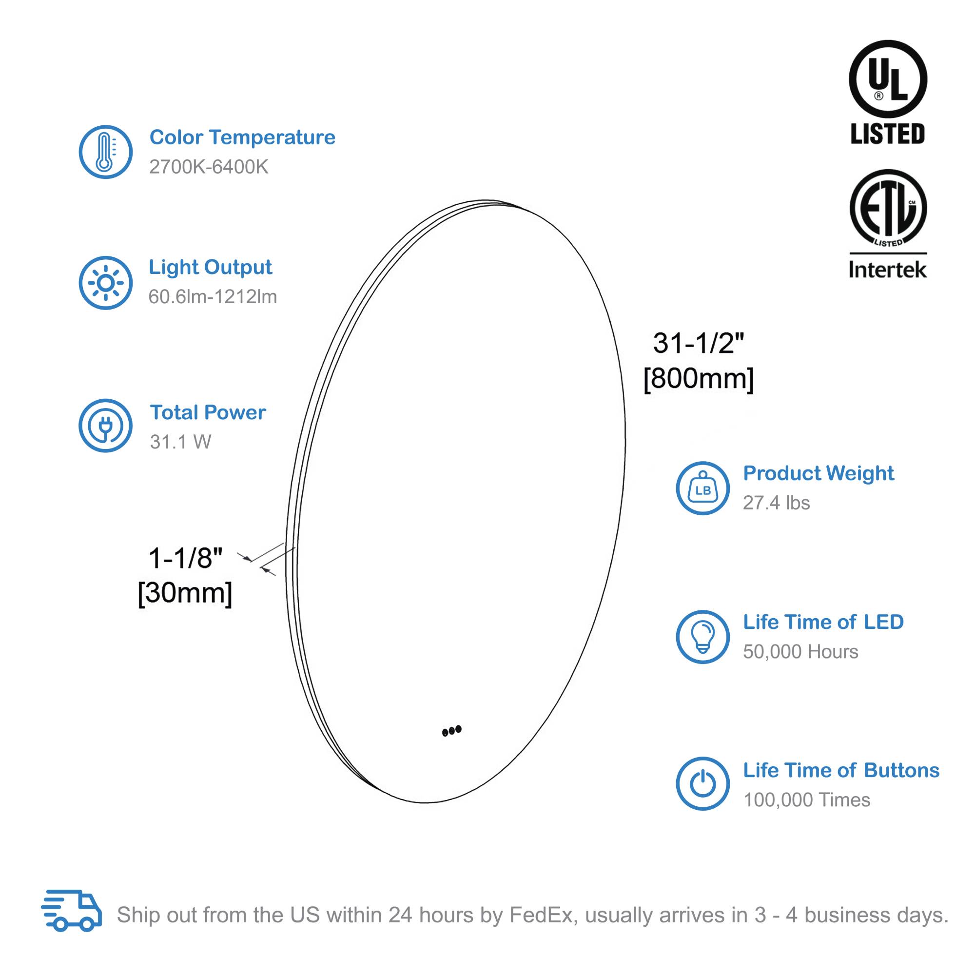 Orion 32″ Round LED Mirror with Frosted Side Vanity Plus