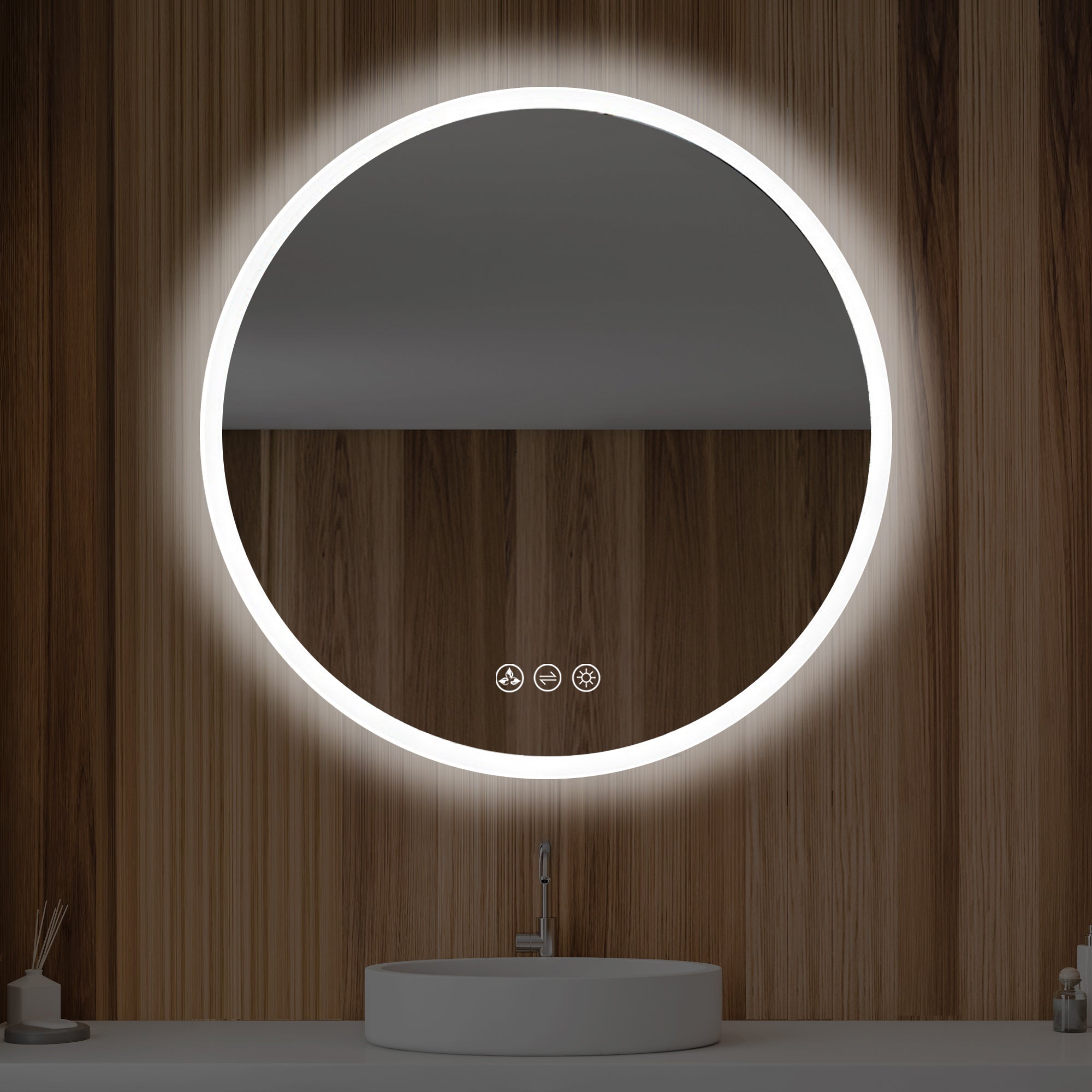 Orion 32″ Round LED Mirror with Frosted Side Vanity Plus