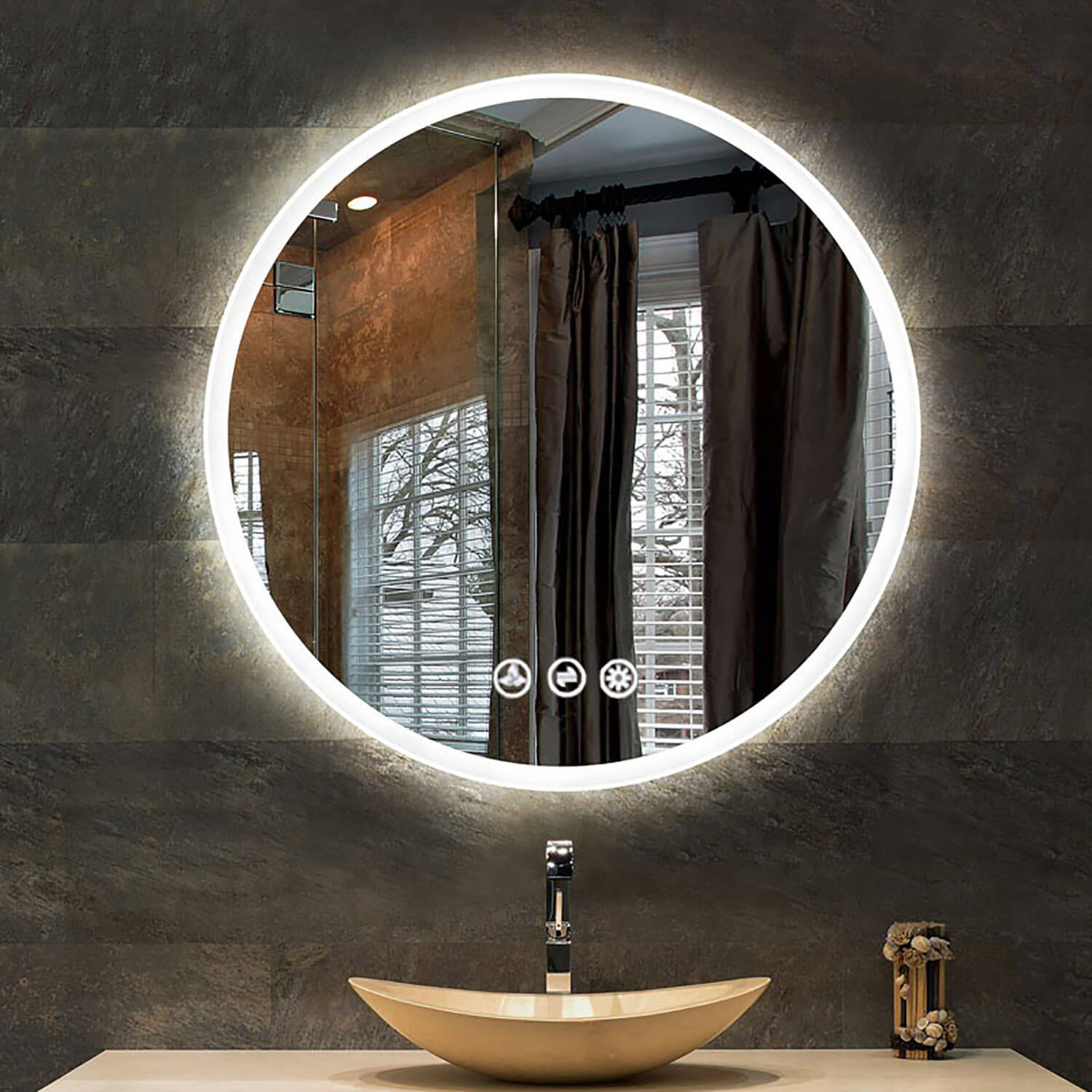 Orion 32″ Round LED Mirror with Frosted Side Vanity Plus
