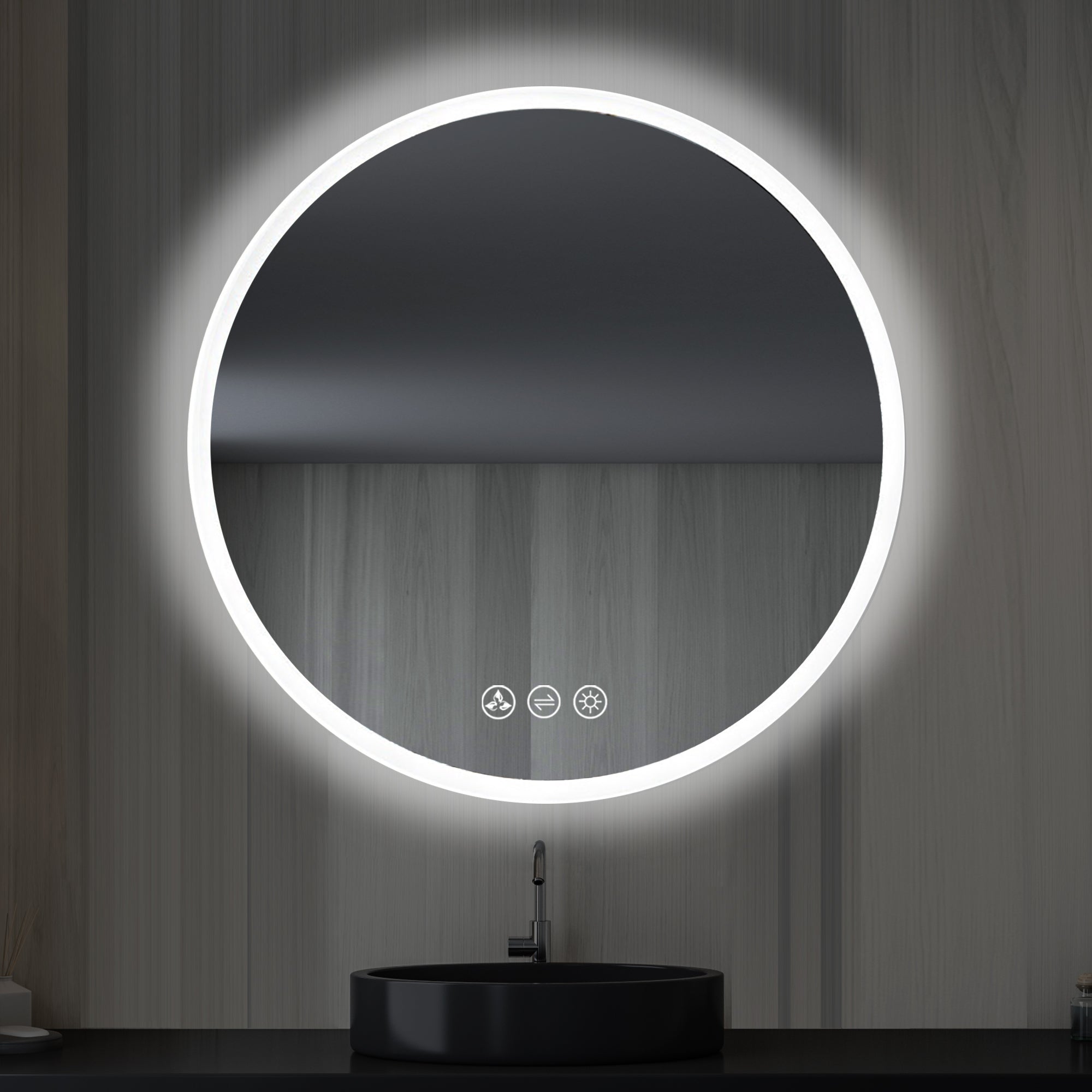Orion 32″ Round LED Mirror with Frosted Side Vanity Plus