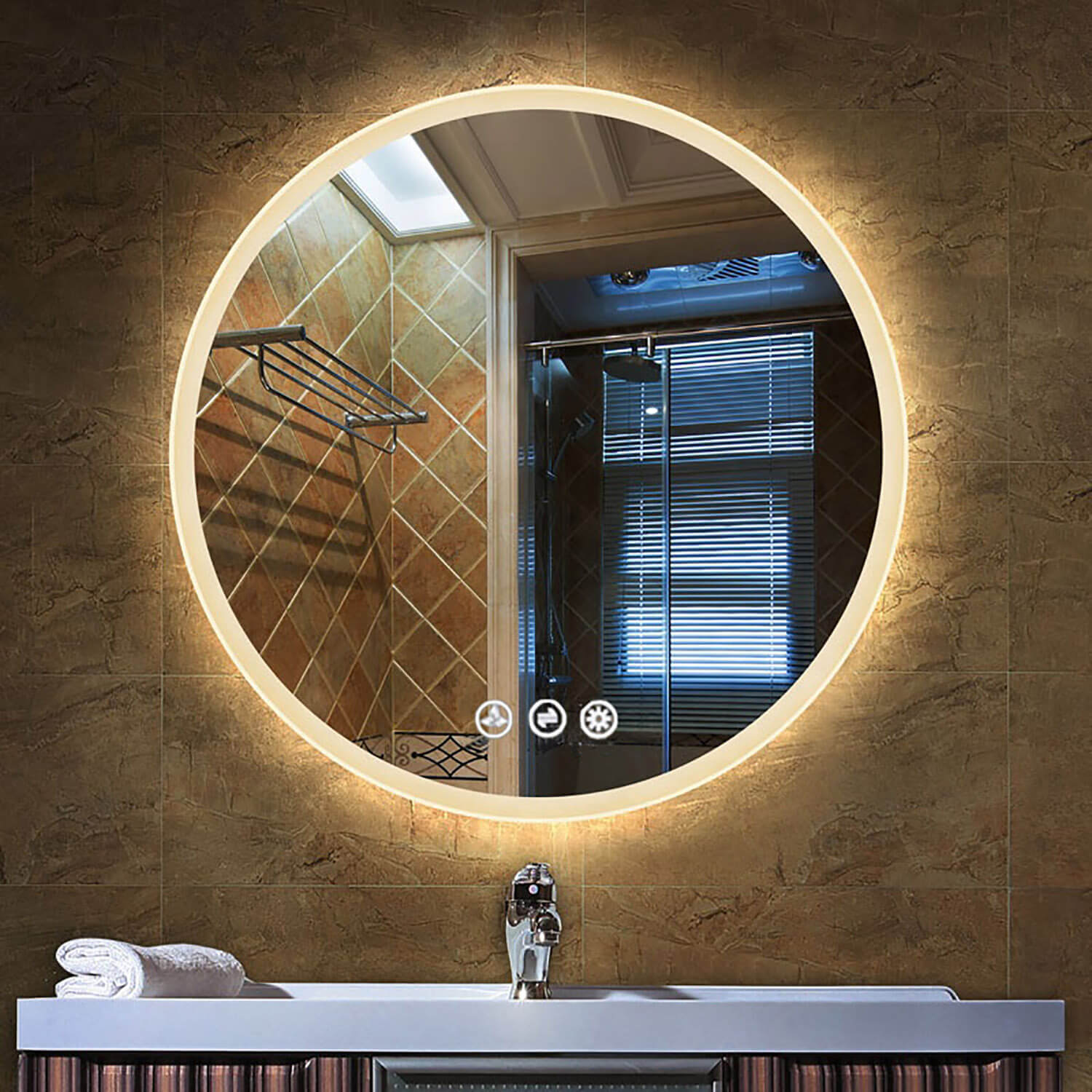 Orion 32″ Round LED Mirror with Frosted Side Vanity Plus