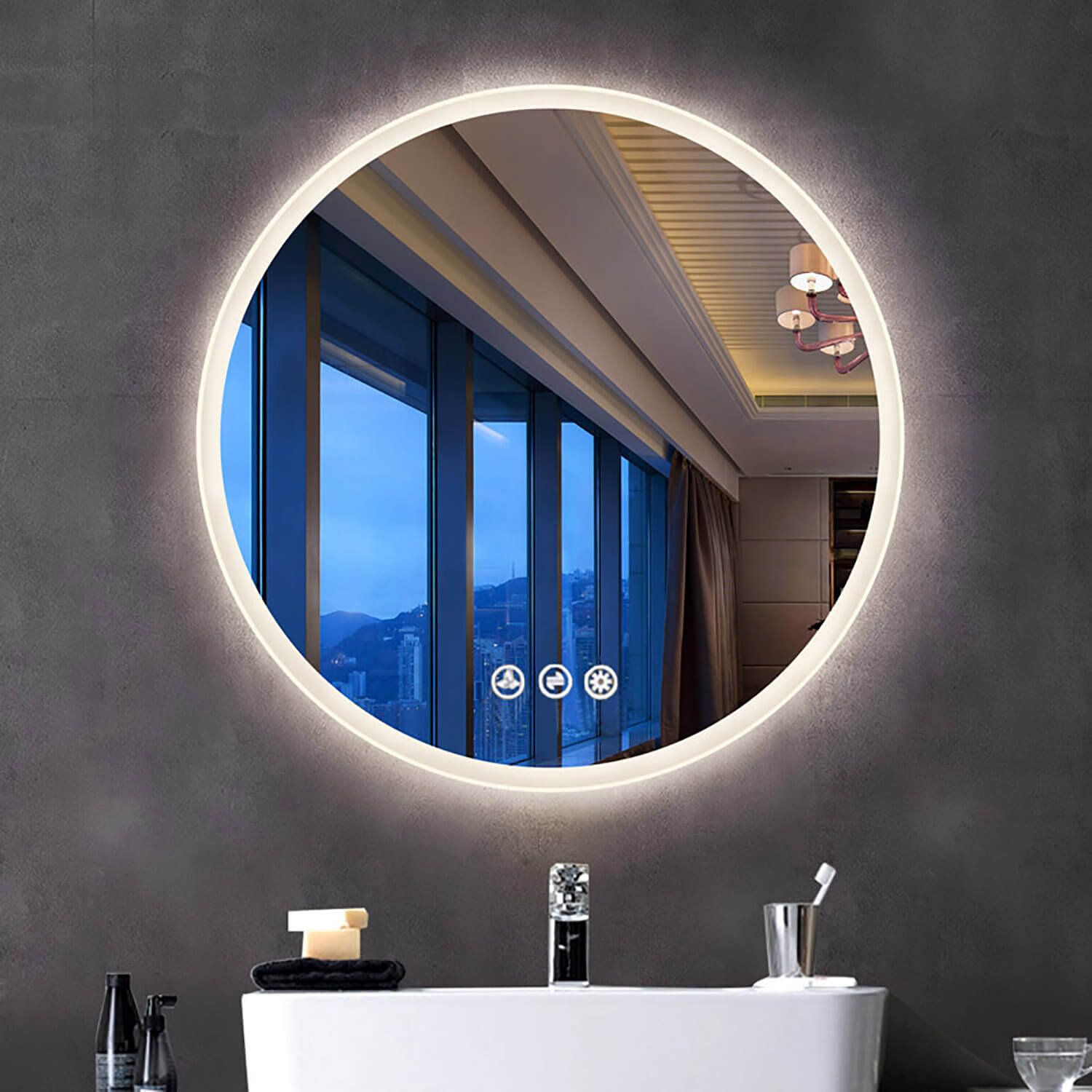 Orion 32″ Round LED Mirror with Frosted Side Vanity Plus