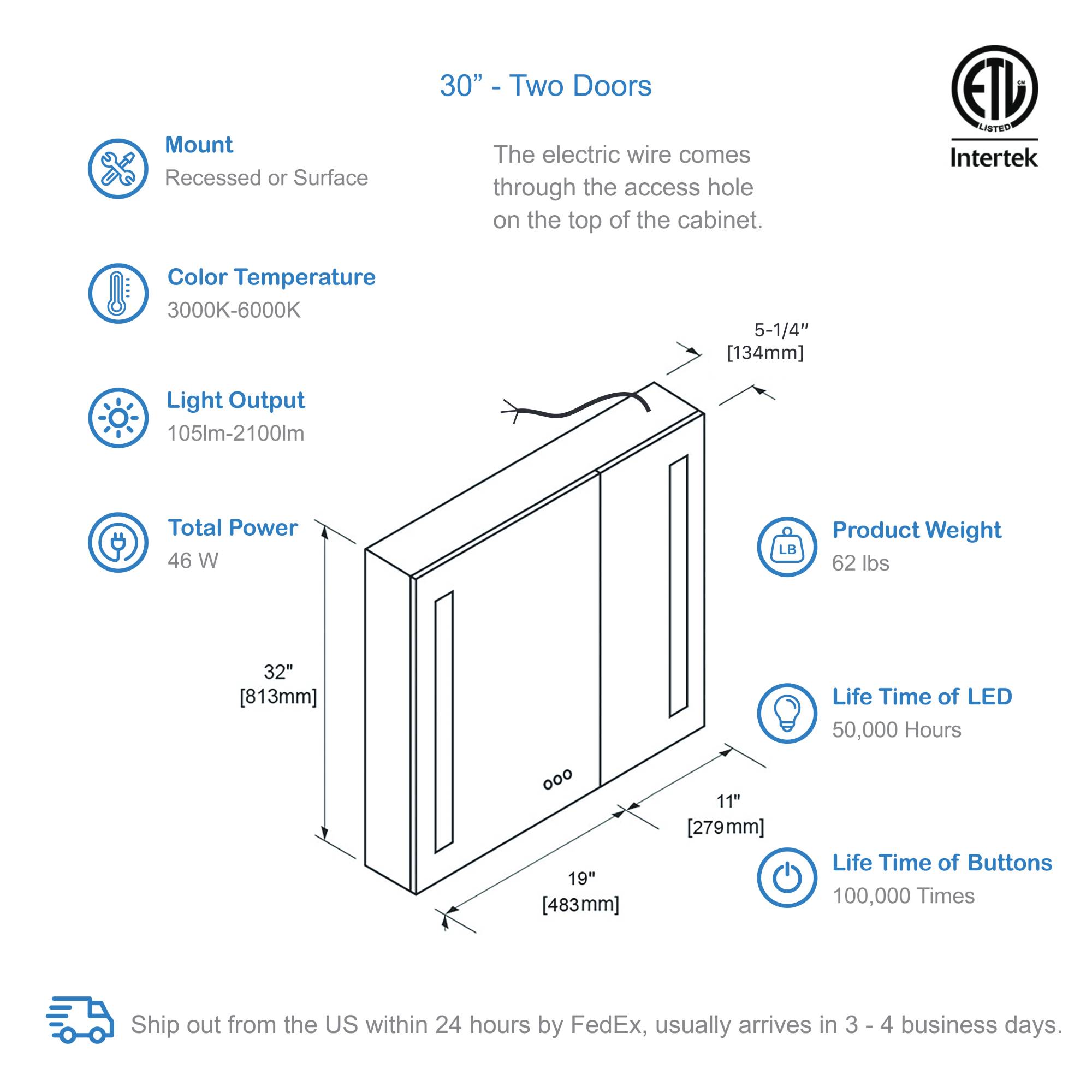 Pillar – 30 Inches LED Medicine Cabinet Vanity Plus