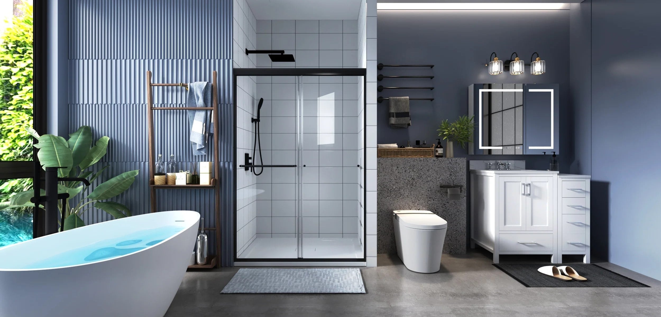 Shop the room for an extensive set of high end bathroom vanities.