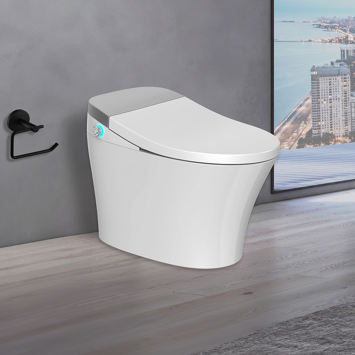 A smart toilet installed in a traditional lavatory, offering advanced features like automatic flushing and heated seats in a classic setting