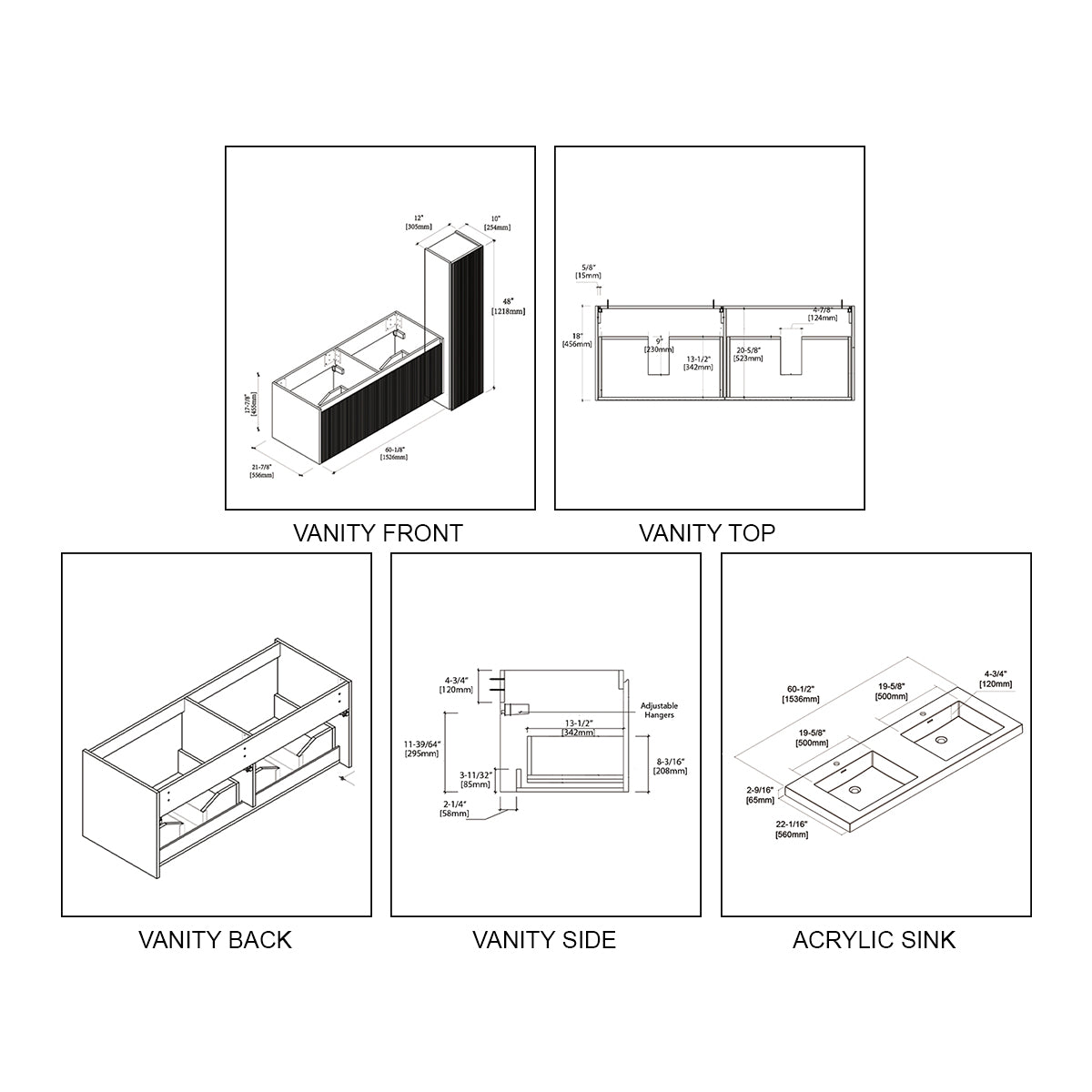 Positano 60" Luxury Double Bathroom Vanity with Acrylic Sink