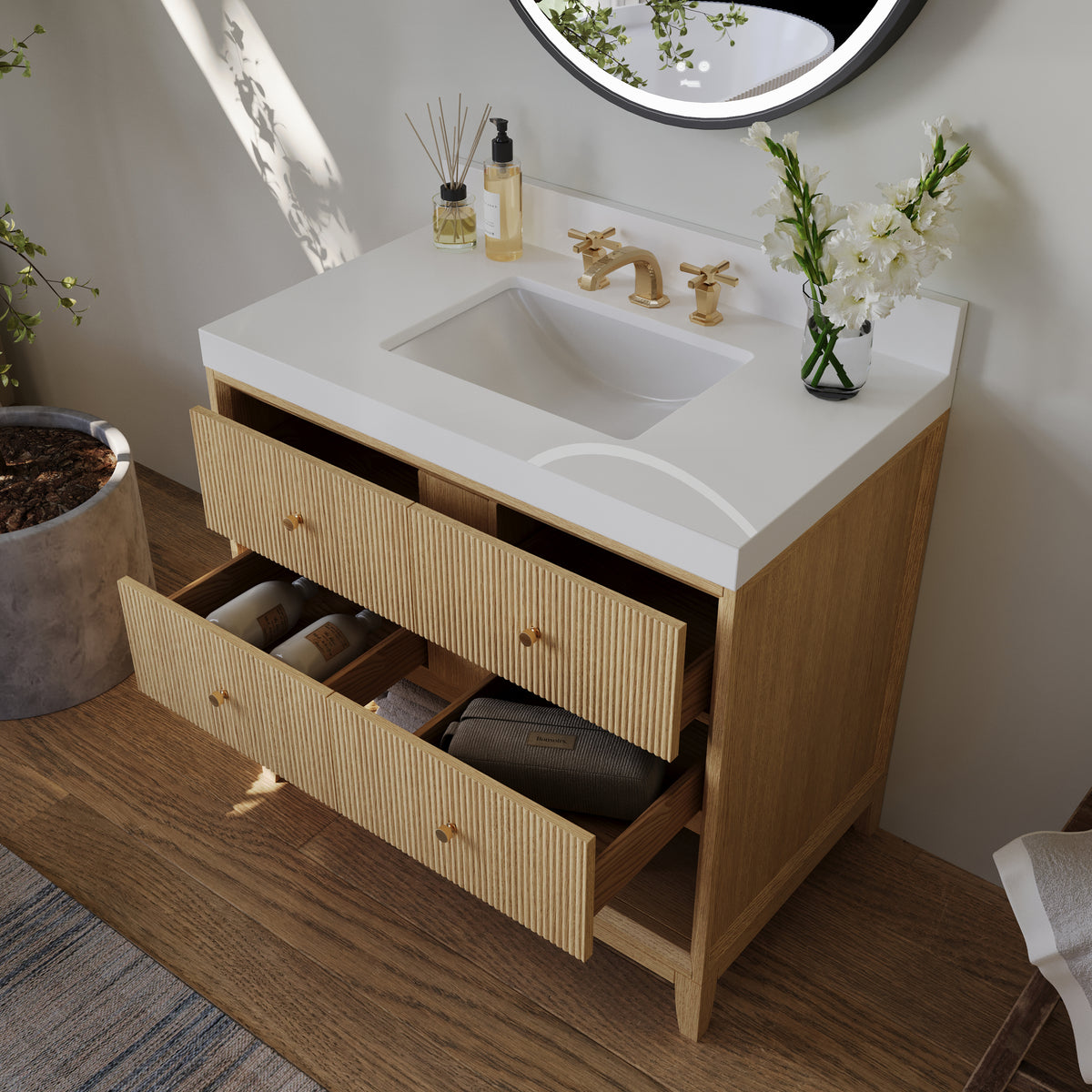 Ancerre Designs Momo 36-inch Oak vanity - Bathroom view with drawers open