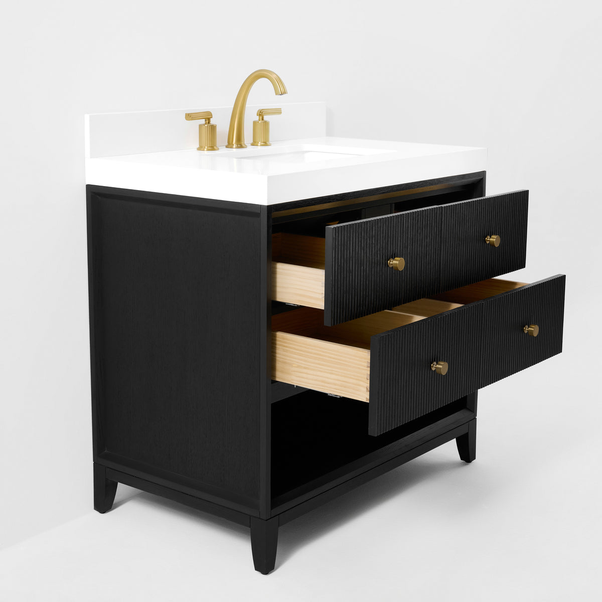 Ancerre Designs Momo 36-inch Black Oak vanity - Standalone angled view with drawers open