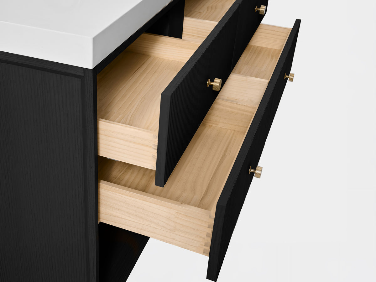 Ancerre Designs Momo 36-inch Black Oak vanity - Open drawers