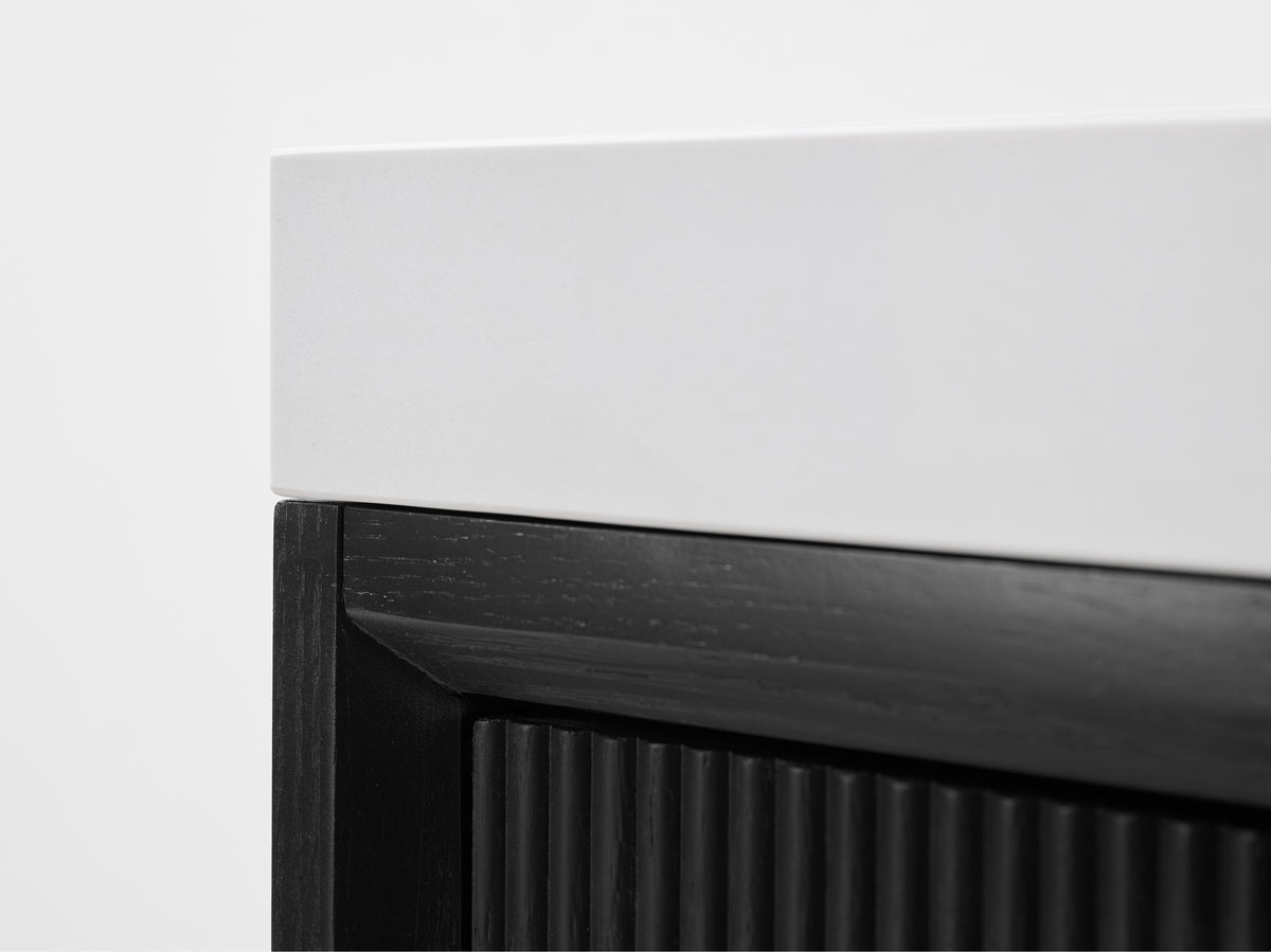 Ancerre Designs Momo 36-inch Black Oak vanity - Cabinet and countertop corner detail