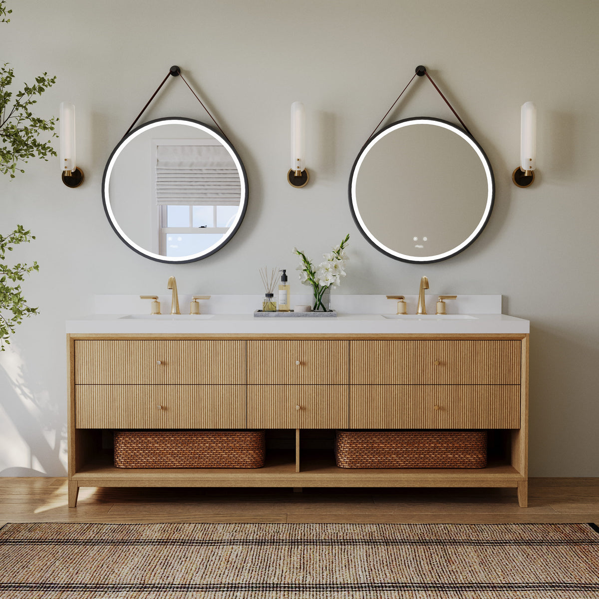 Momo 84-inch Oak vanity with Alpine White Quartz top - front bathroom view