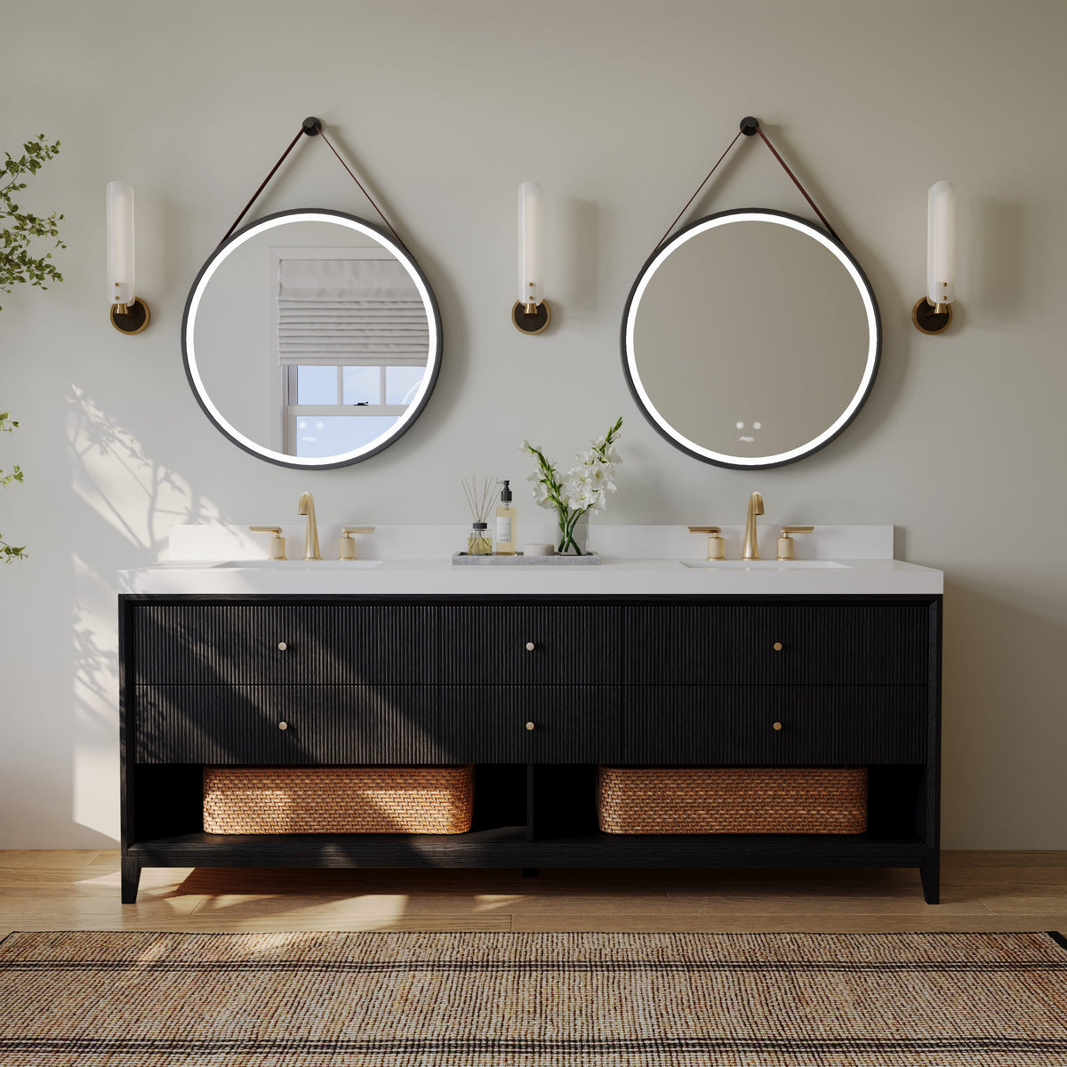 Momo 84-inch Black Oak vanity with Alpine White Quartz top - front bathroom view