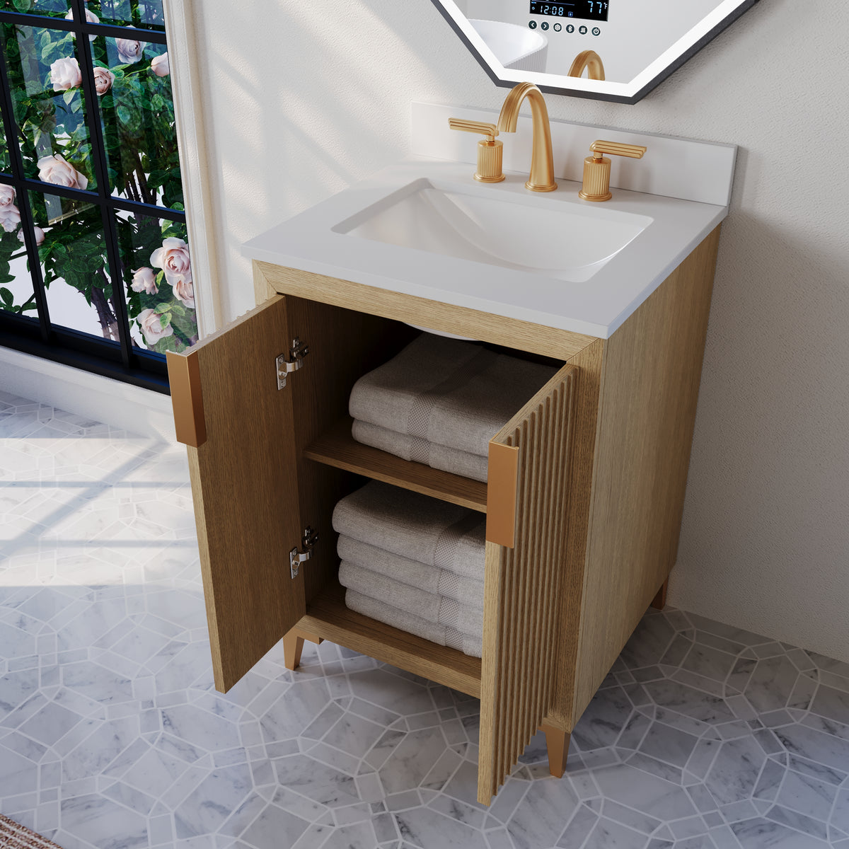 Ancerre Designs Turlington 24-inch Oak vanity - Open doors and interior shelf