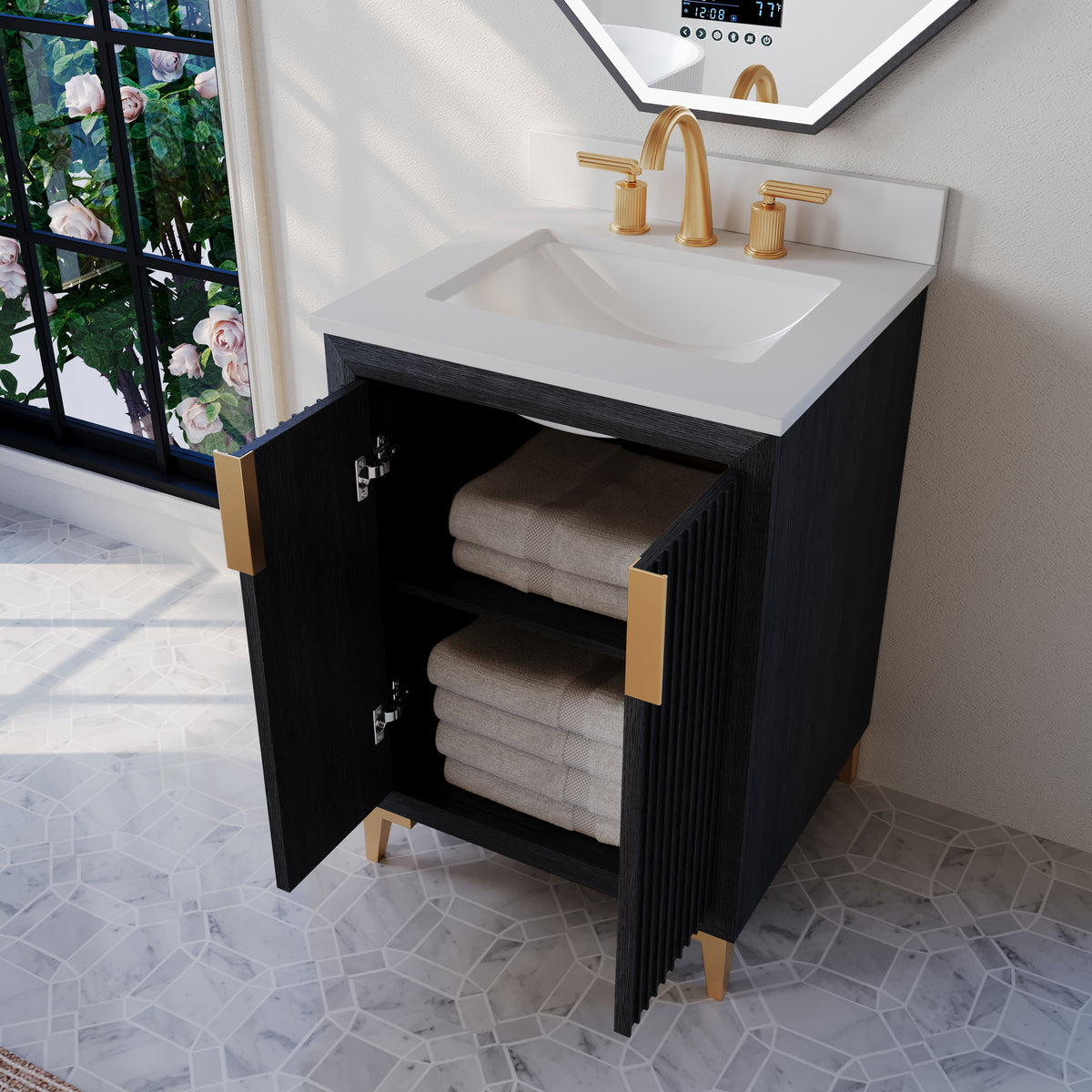 Ancerre Designs Turlington 24-inch Black Oak vanity - Open doors and interior shelf
