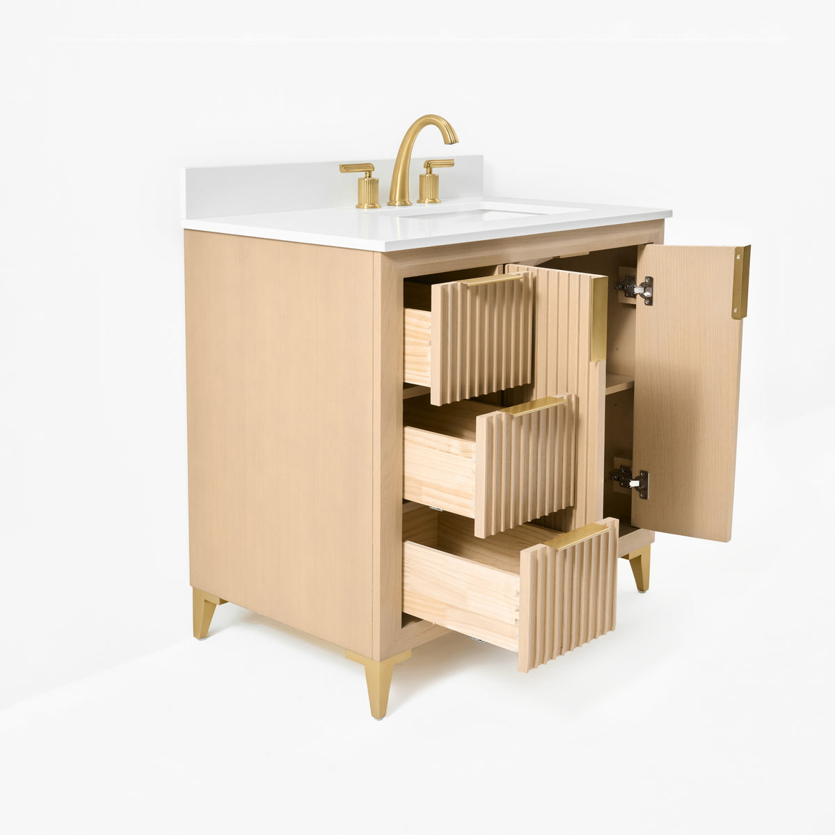 Ancerre Designs Turlington 36-inch Oak vanity - Angled view with drawers and doors open