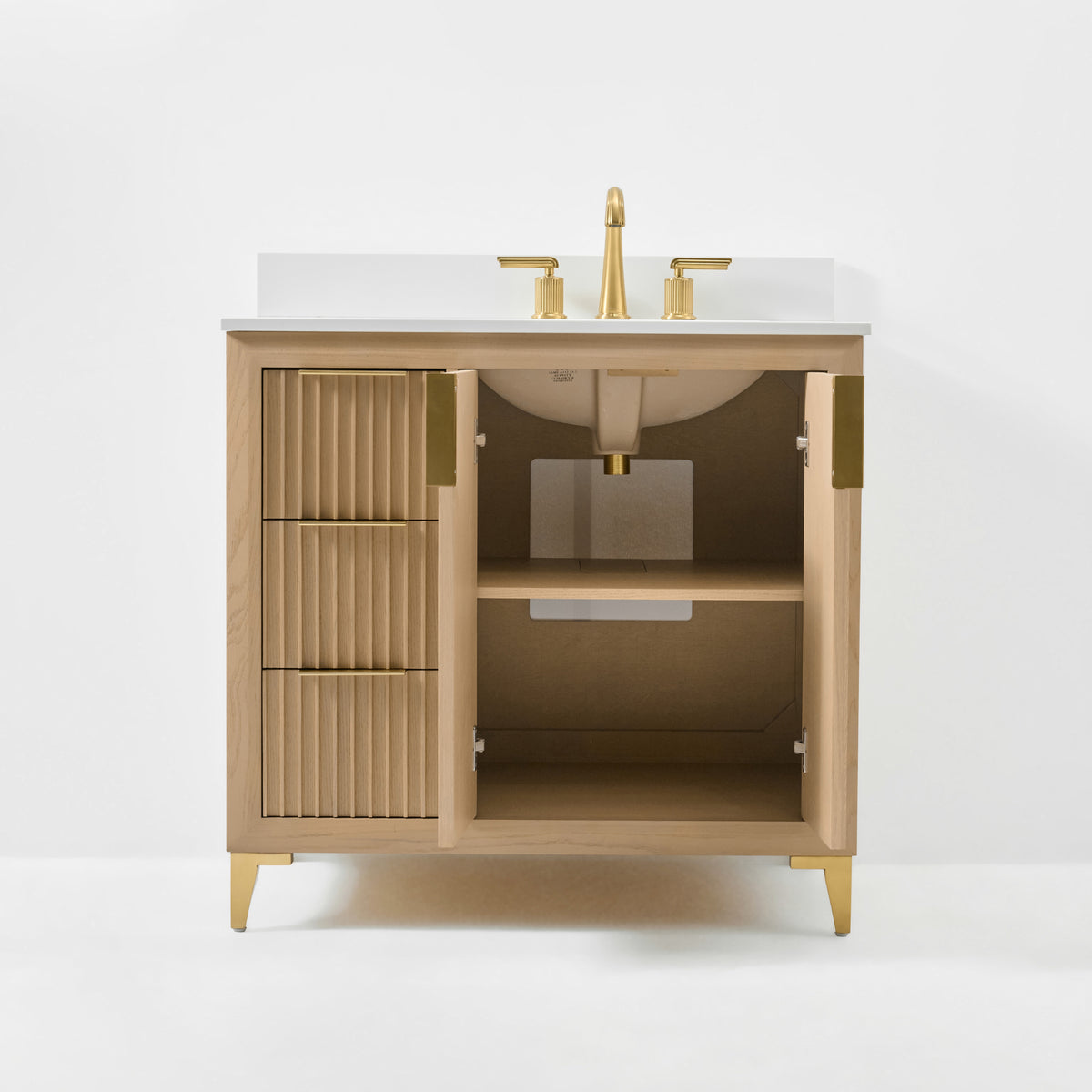 Ancerre Designs Turlington 36-inch Oak vanity - Front view with doors open