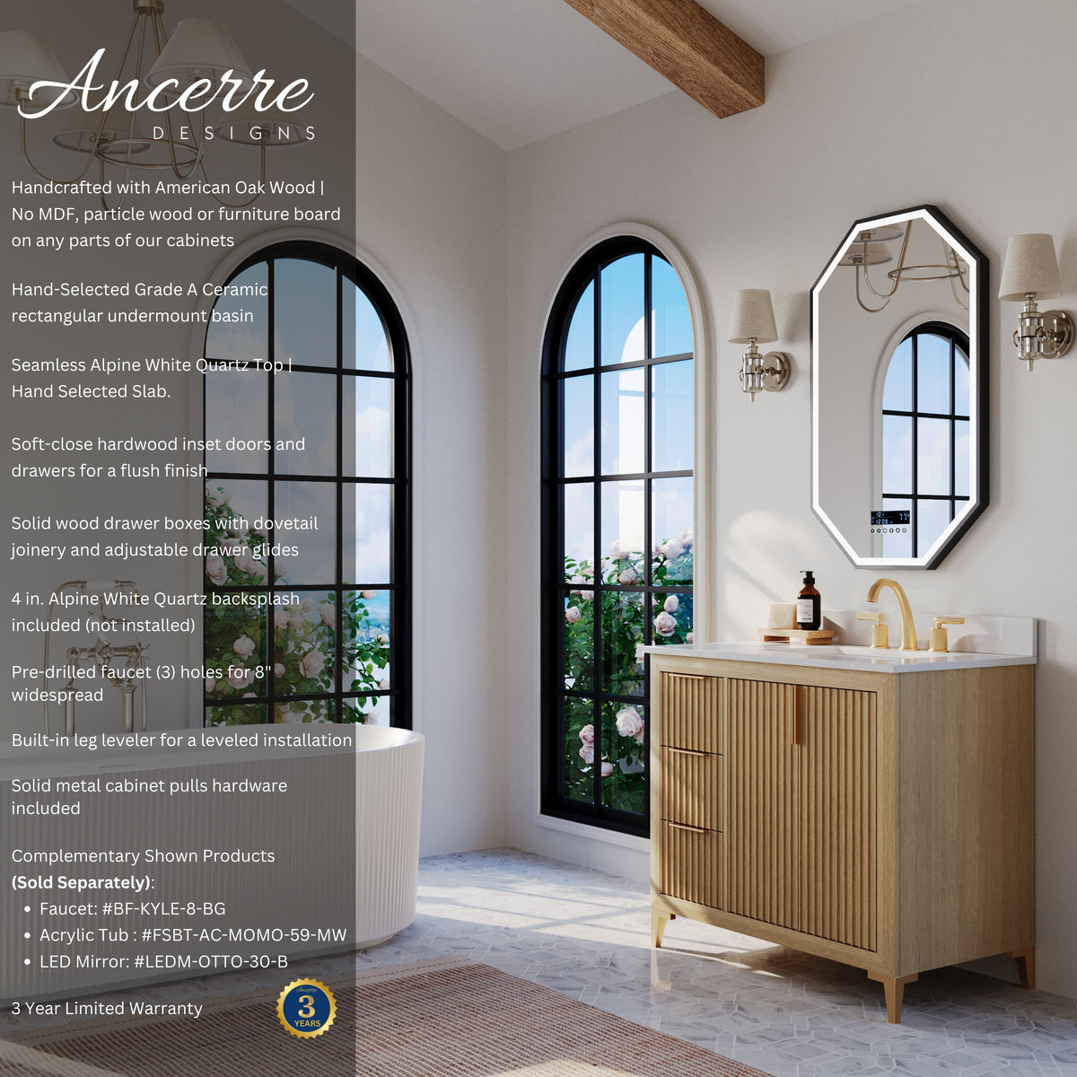 Ancerre Designs Turlington 36-inch Oak vanity - Product features
