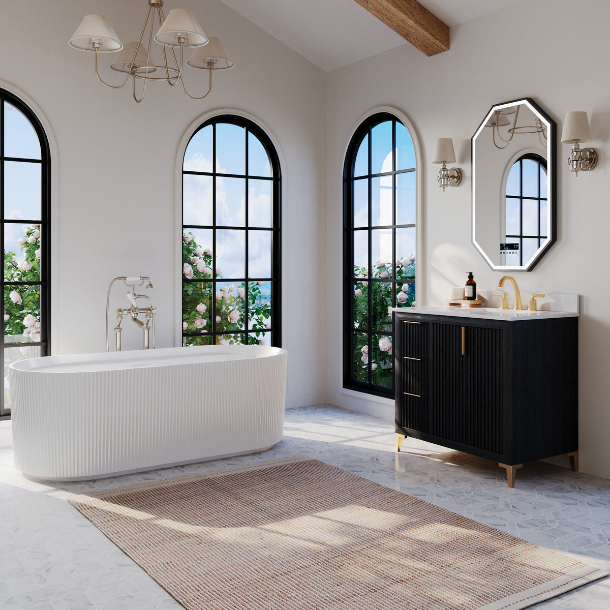 Turlington 36-inch bathroom vanity in Black Oak — angled view in a bathroom