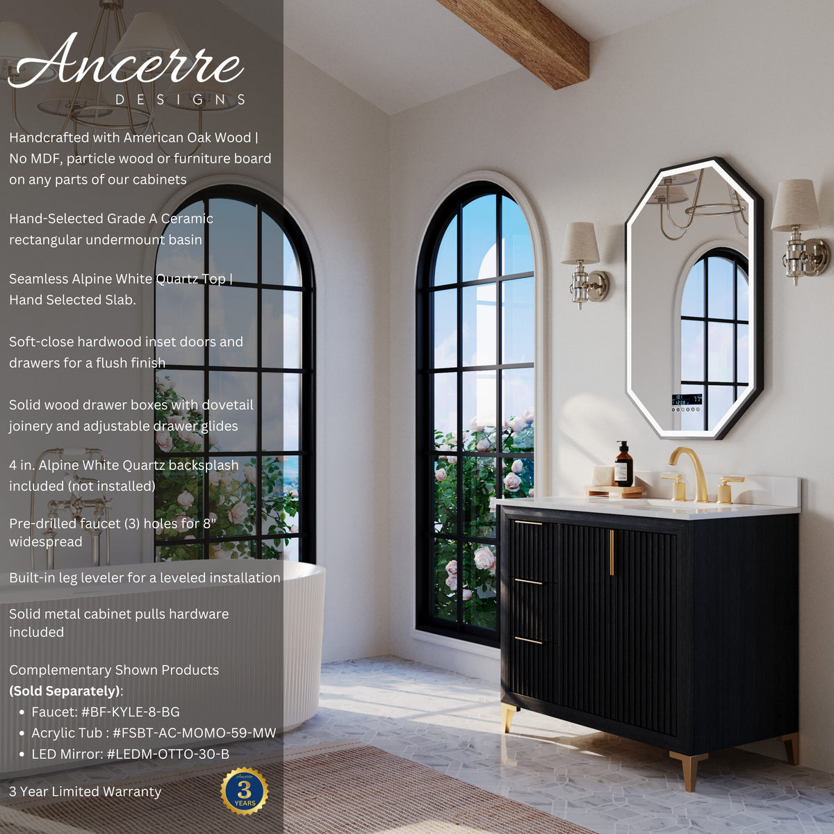 Turlington 36-inch bathroom vanity in Black Oak — features and warranty information