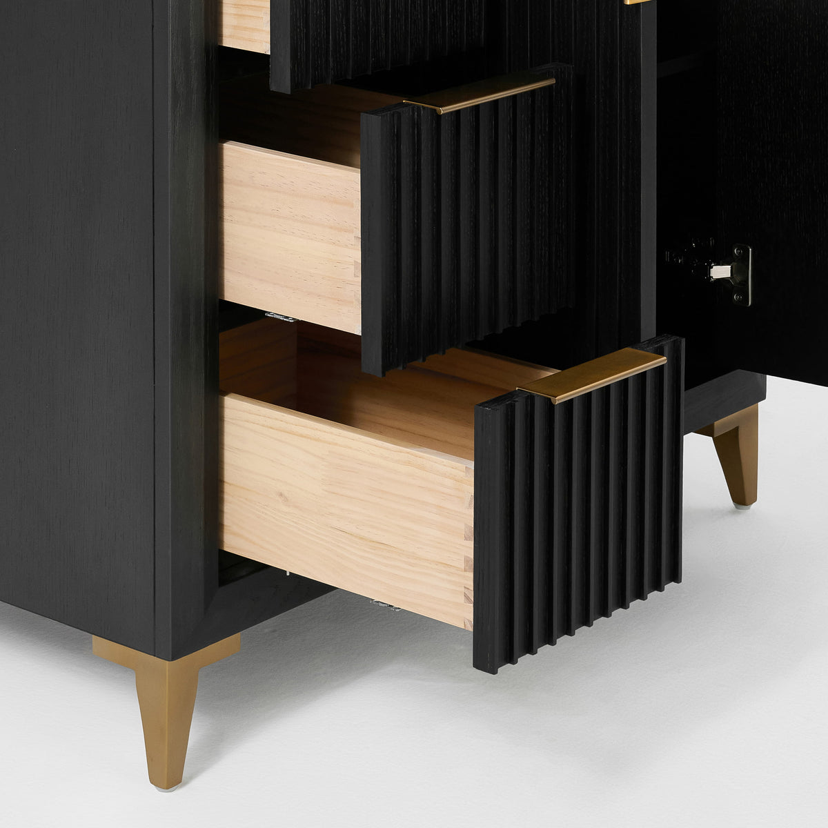 Turlington 36-inch bathroom vanity in Black Oak — drawer detail