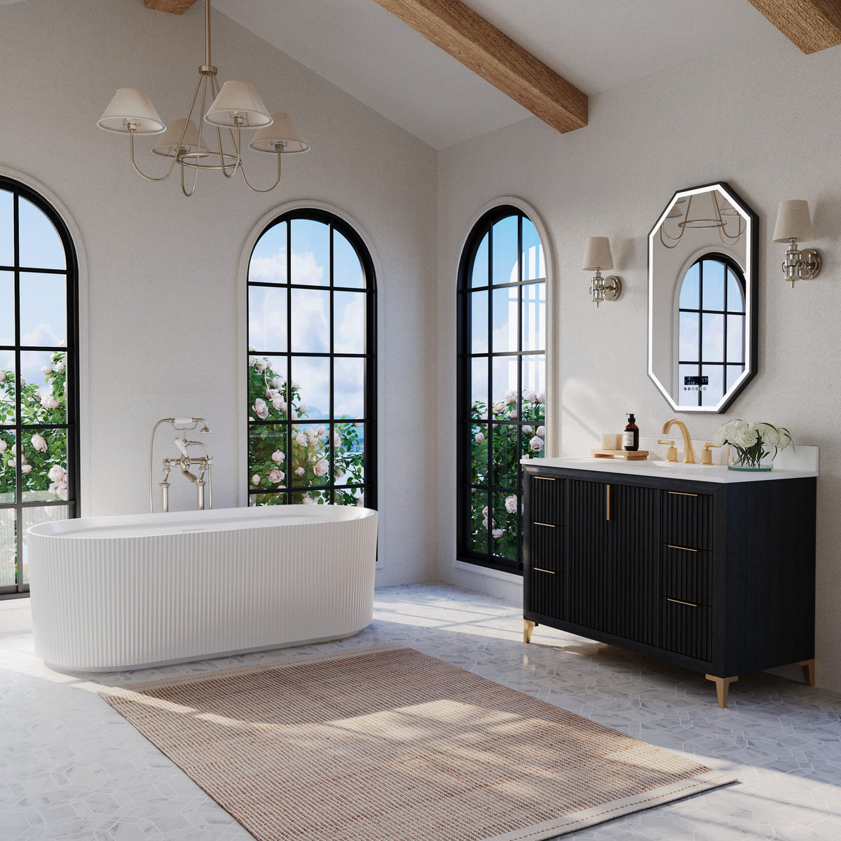 Turlington 48" Bath Vanity Set in Black Oak Finish with Alpine White Quartz Top