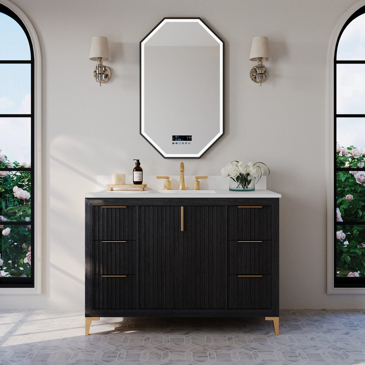 Turlington 48" Bath Vanity Set in Black Oak Finish with Alpine White Quartz Top